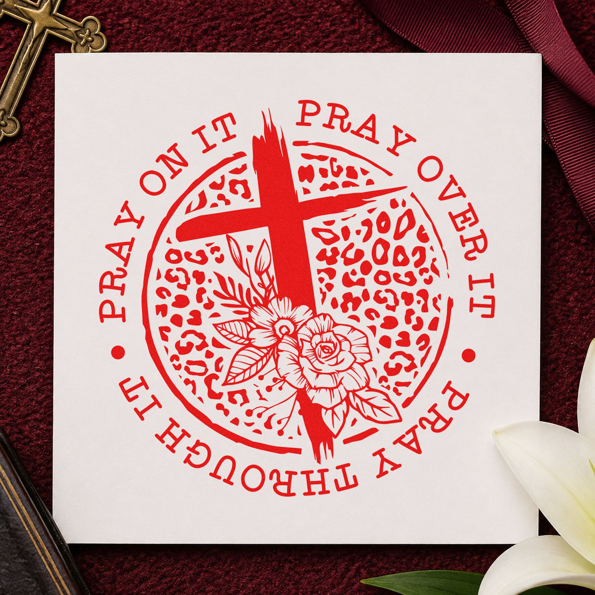 Pray Leopard Floral Circle rubber stamp shown in red ink, stamped for projects such as bold women notes.