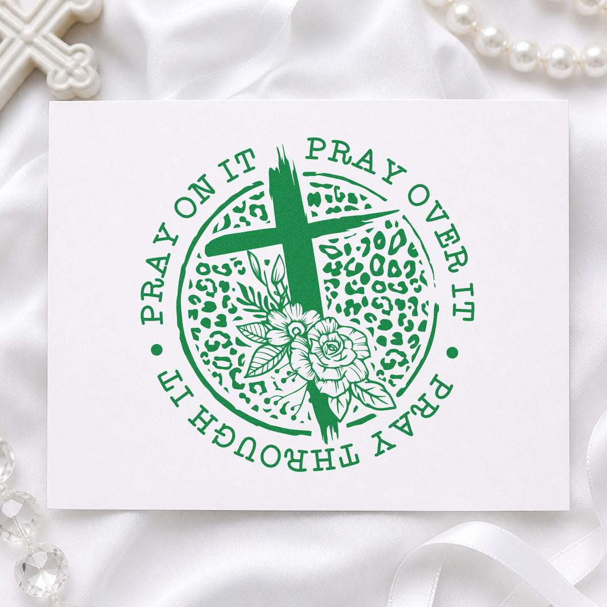 Pray Leopard Floral Circle craft stamp imprint in green ink on a handmade project, one idea being framed boudoir art.