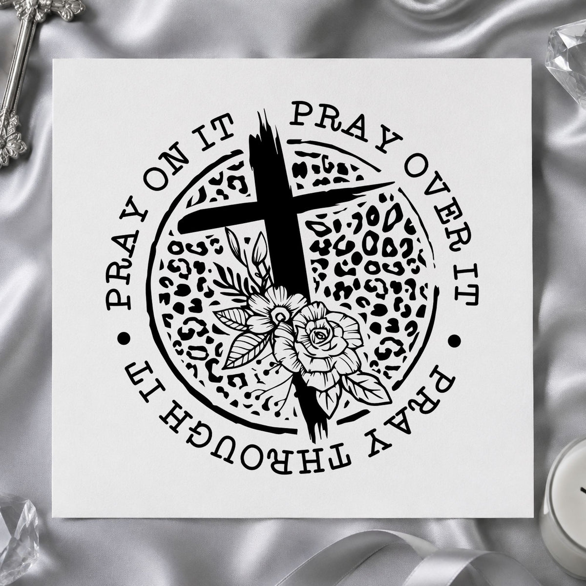 Pray Leopard Floral Circle rubber stamp printed in black ink, ready for leopard prayer cards and similar paper crafts.