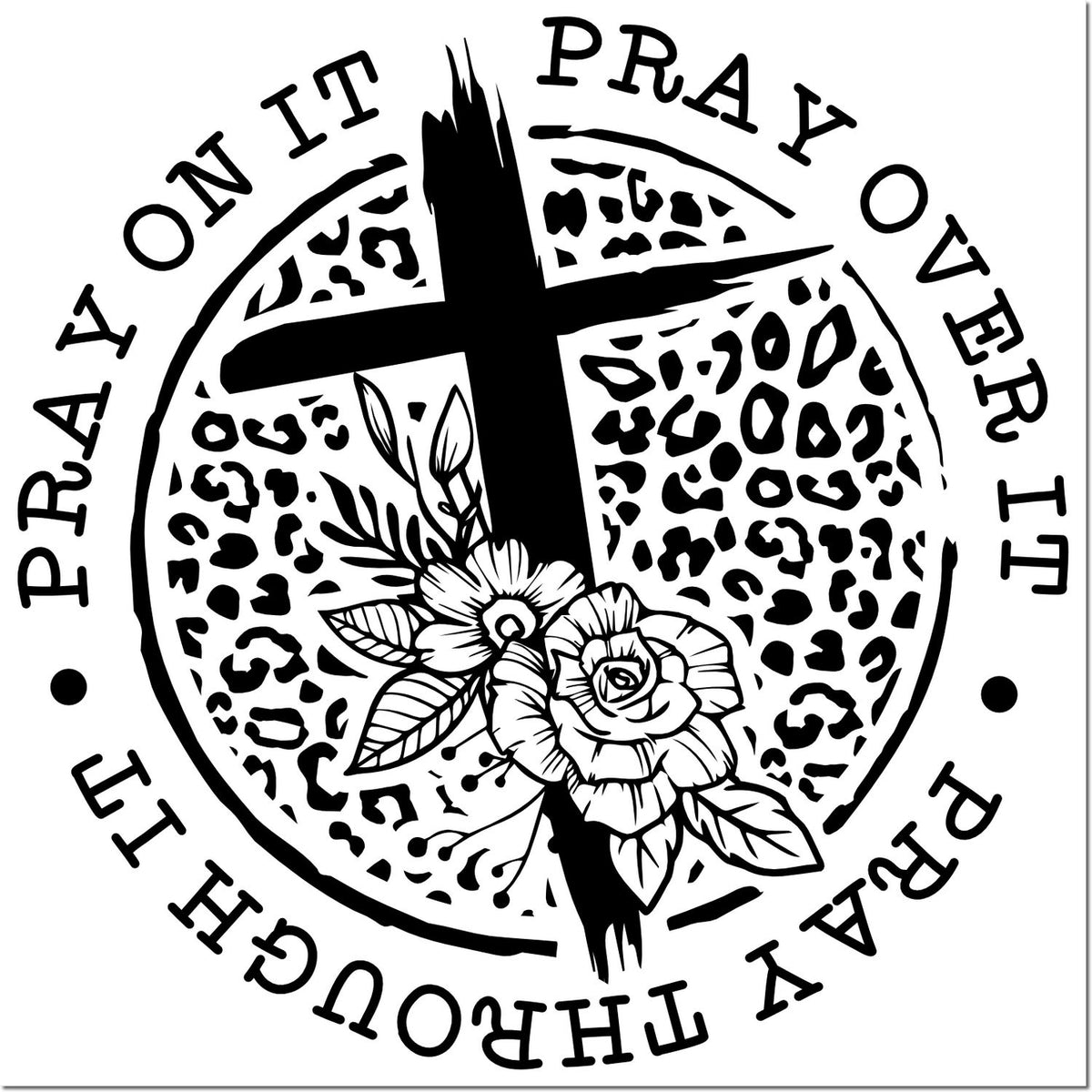 Black-and-white prayer stamp seal with cross, floral accents, leopard print circle, and Pray It Through text.