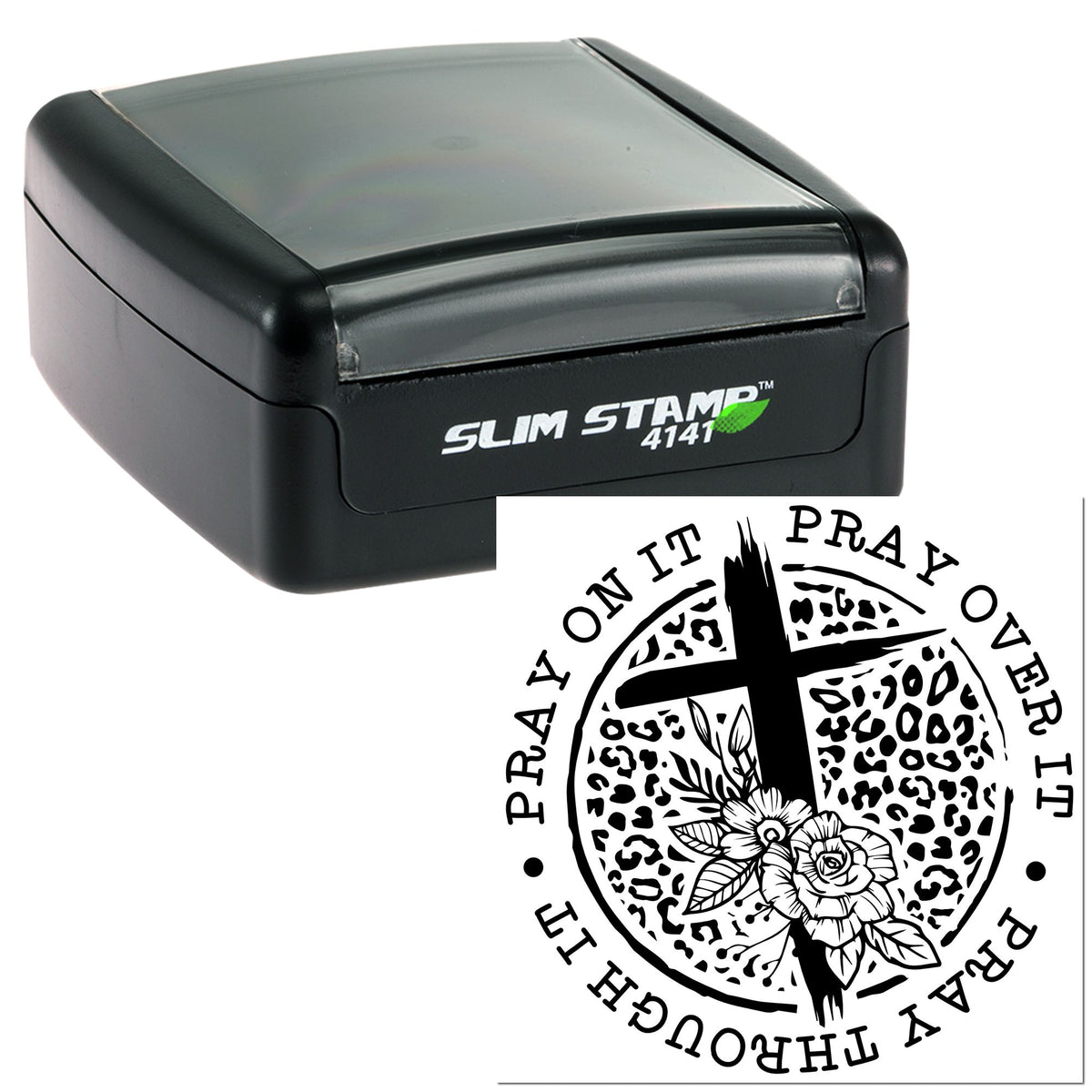 Black self-inking Slim Stamp 4141 with circular Christian seal reading Pray on it, pray over it, through it
