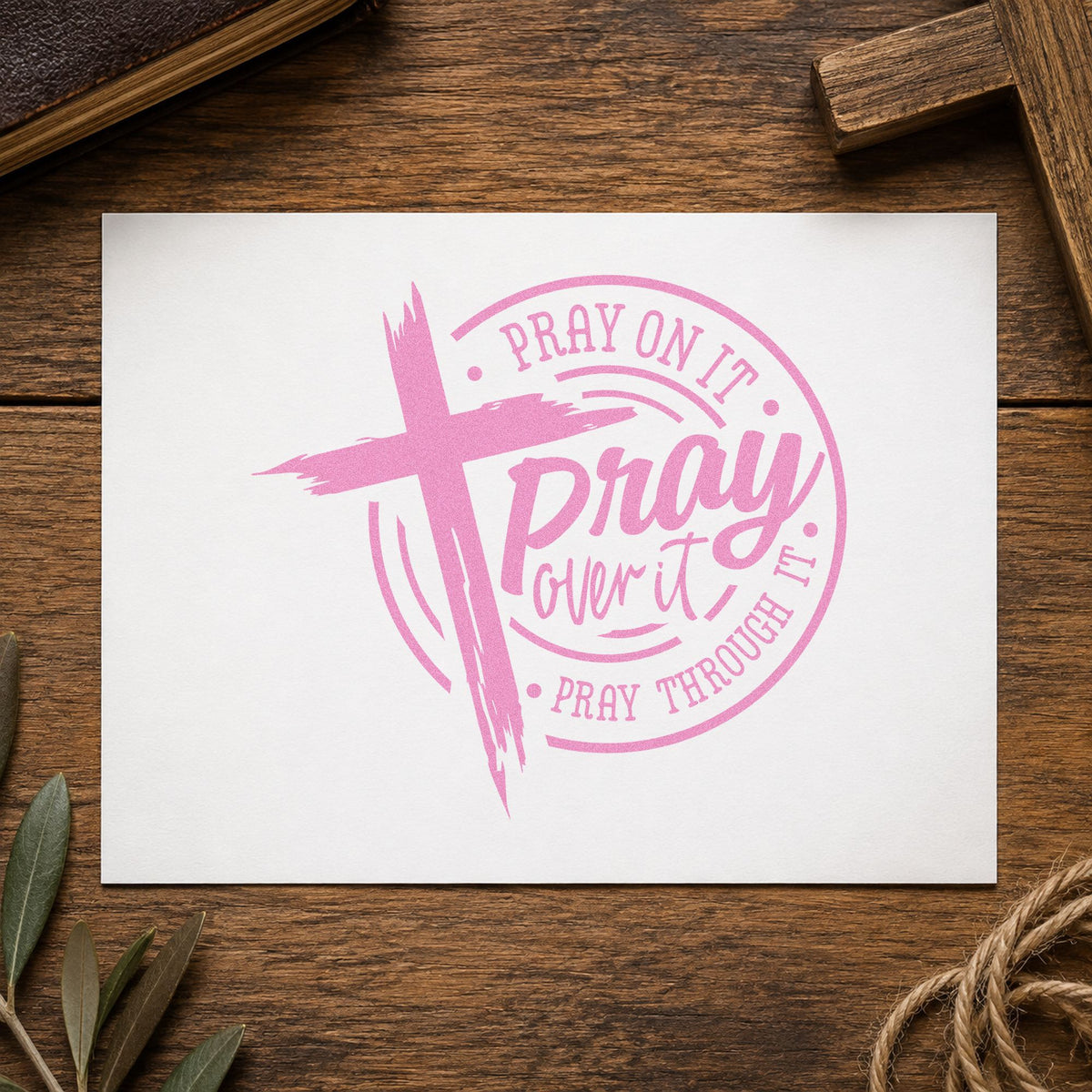 Pray over It Badge craft stamp in purple ink on cardstock, an easy option for prayer chain tags.
