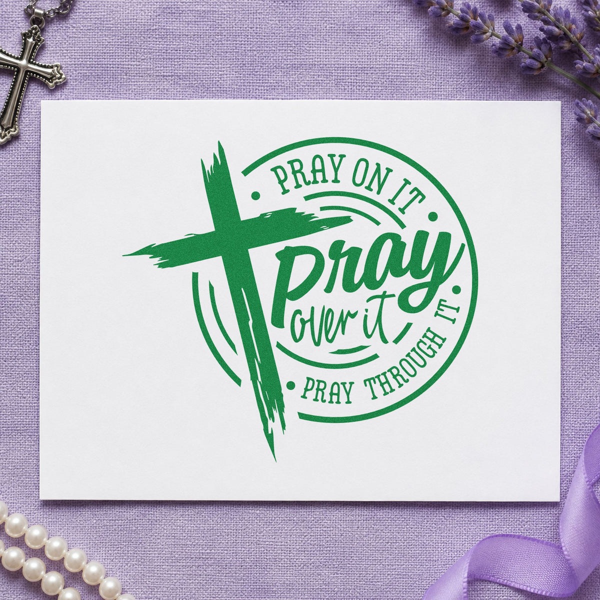 Pray over It Badge craft stamp imprint in green ink on a handmade project, one idea being church bulletin pages.