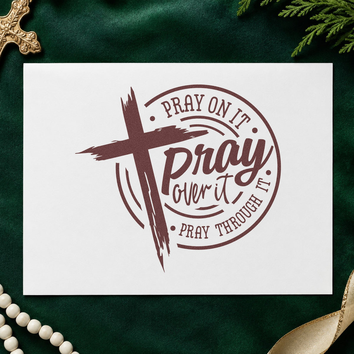 Pray over It Badge rubber stamp printed in brown ink, ready for round magnet crafts and similar paper crafts.