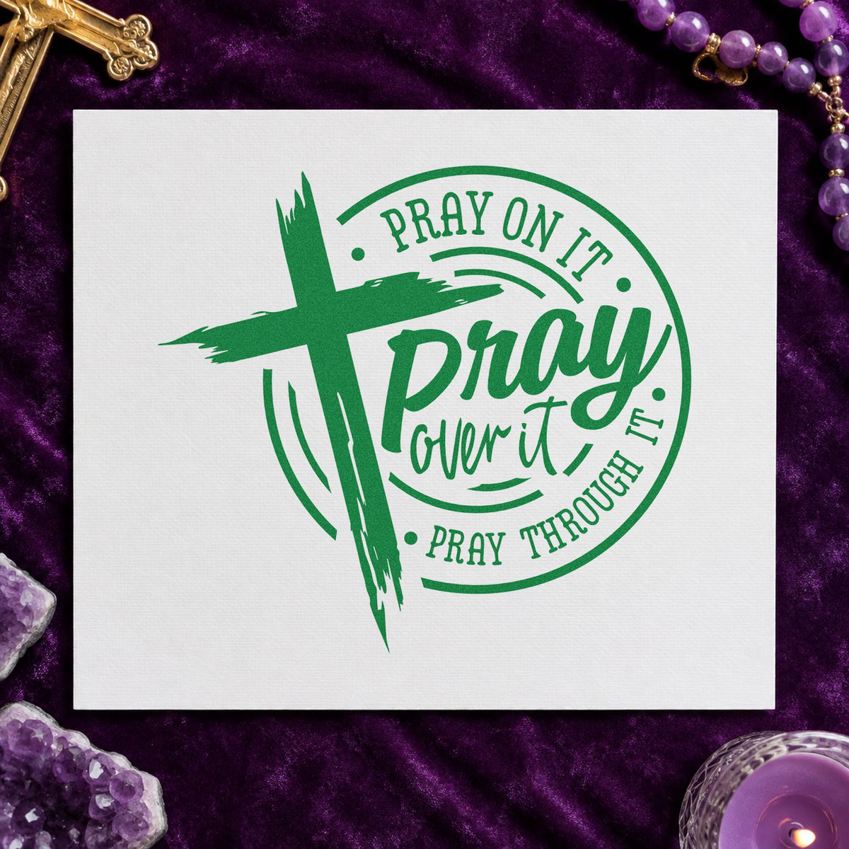Pray over It Badge craft stamp imprint in green ink on a handmade project, one idea being framed prayer room.