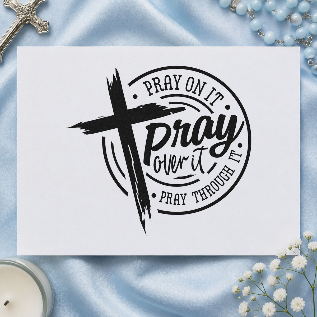 Pray over It Badge rubber stamp printed in black ink, ready for three steps cards and similar paper crafts.
