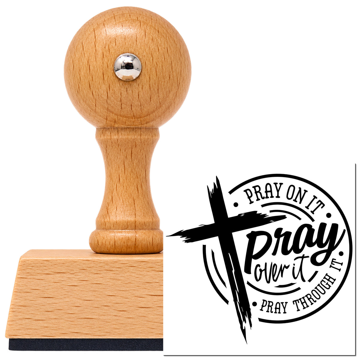 Vintage Pro beech wood stamp with a round knob handle, shown with its black Pray Over It Emblem imprint on white.