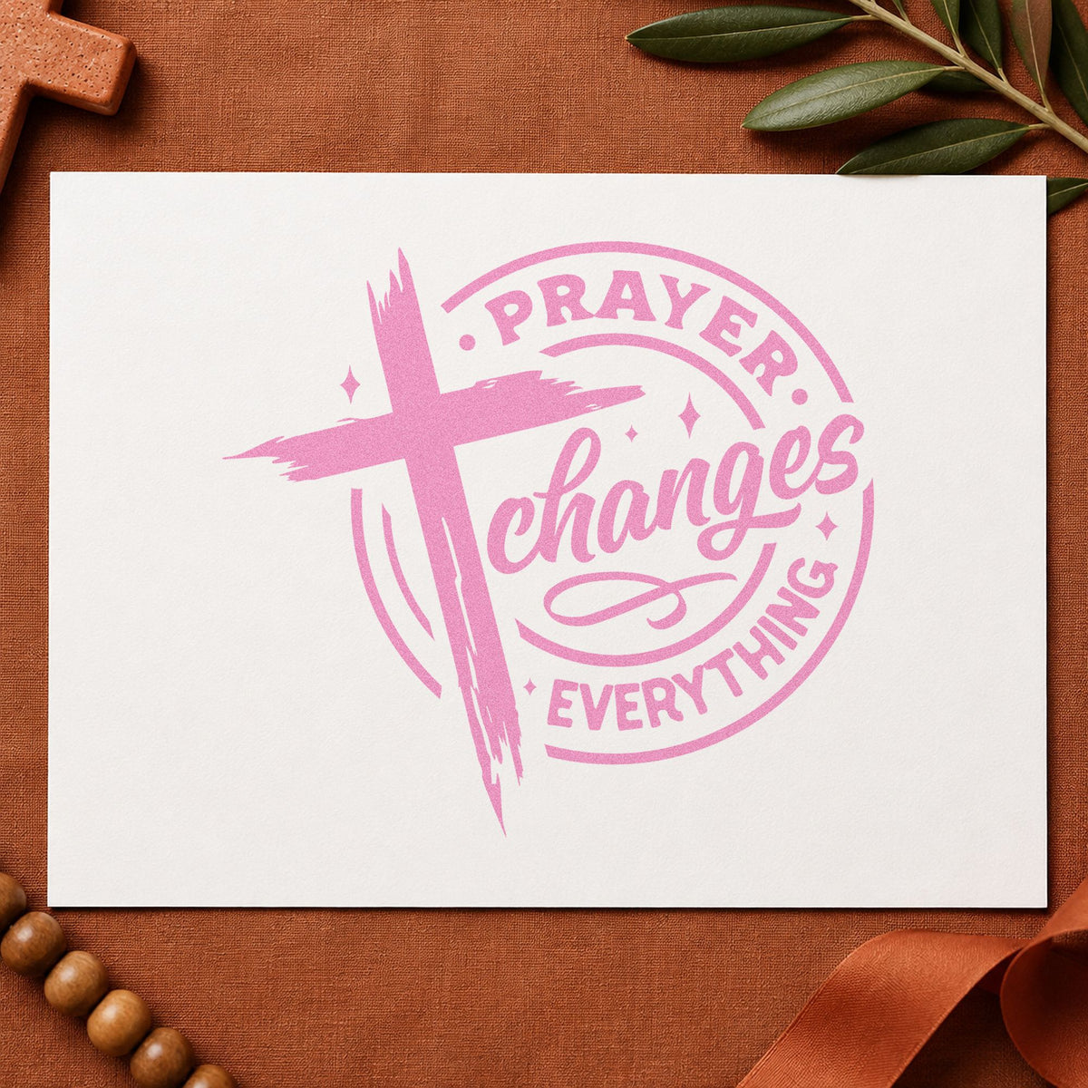 Prayer Changes Everything Badge craft stamp in purple ink on cardstock, an easy option for sunday school tags.