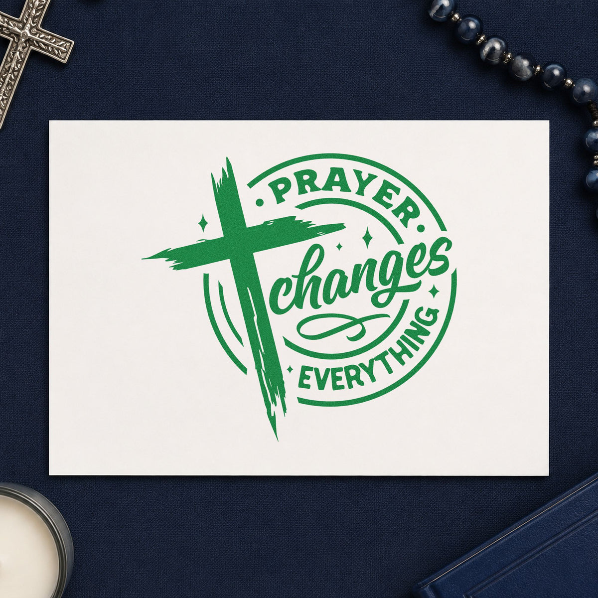 Prayer Changes Everything Badge craft stamp imprint in green ink on a handmade project, one idea being request card pages.