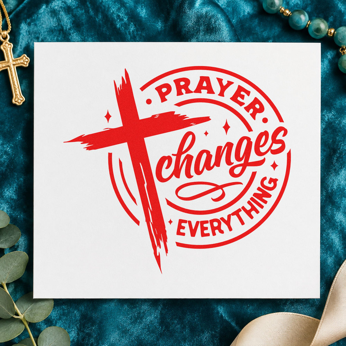 Prayer Changes Everything Badge rubber stamp shown in red ink, stamped for projects such as missionary letter notes.