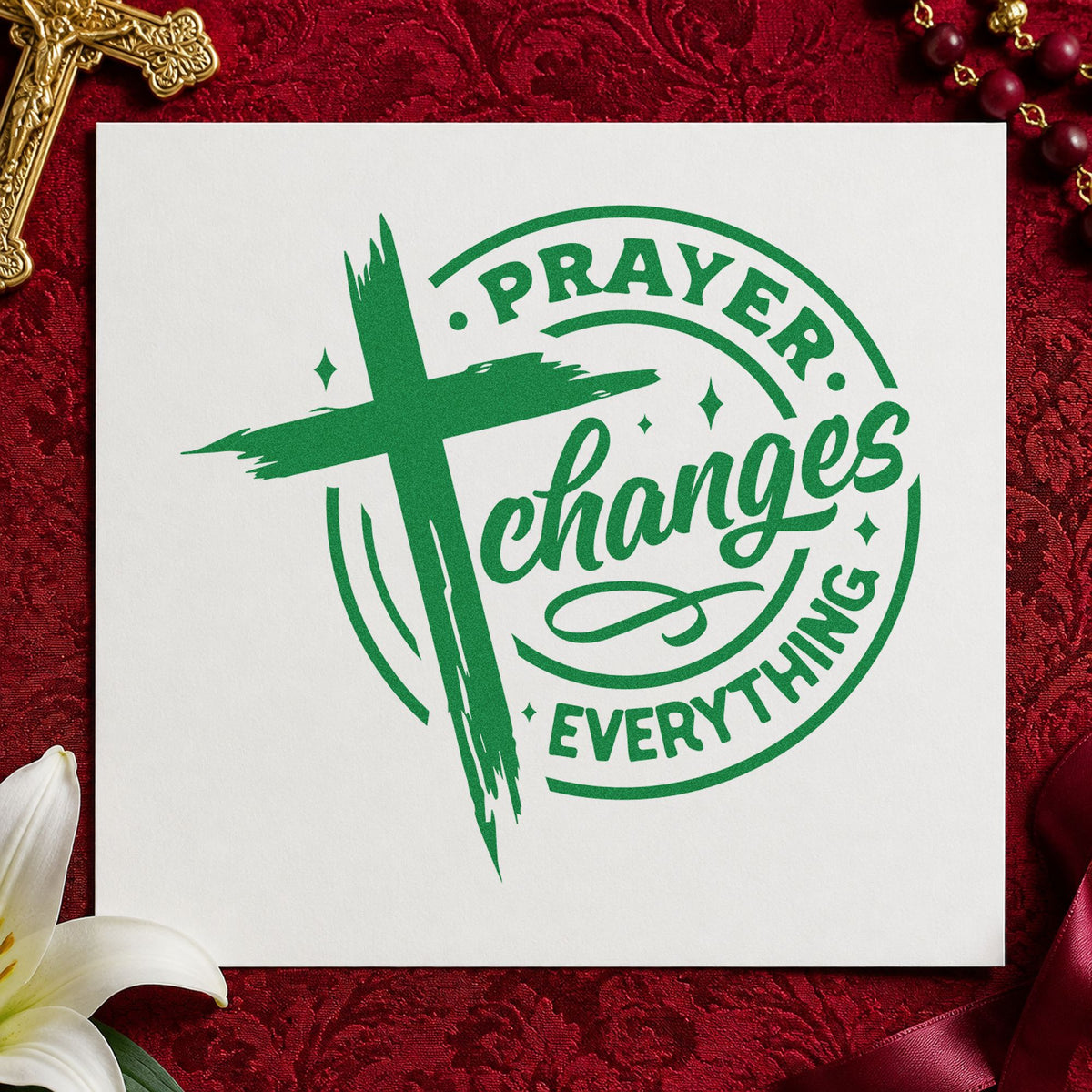 Prayer Changes Everything Badge craft stamp imprint in green ink on a handmade project, one idea being framed alcove art.