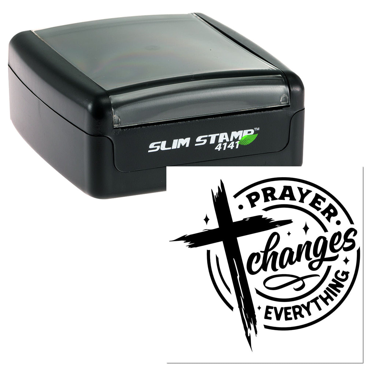 Black Slim Stamp 4141 and circular prayer seal in black with cross and Prayer Changes Everything text.