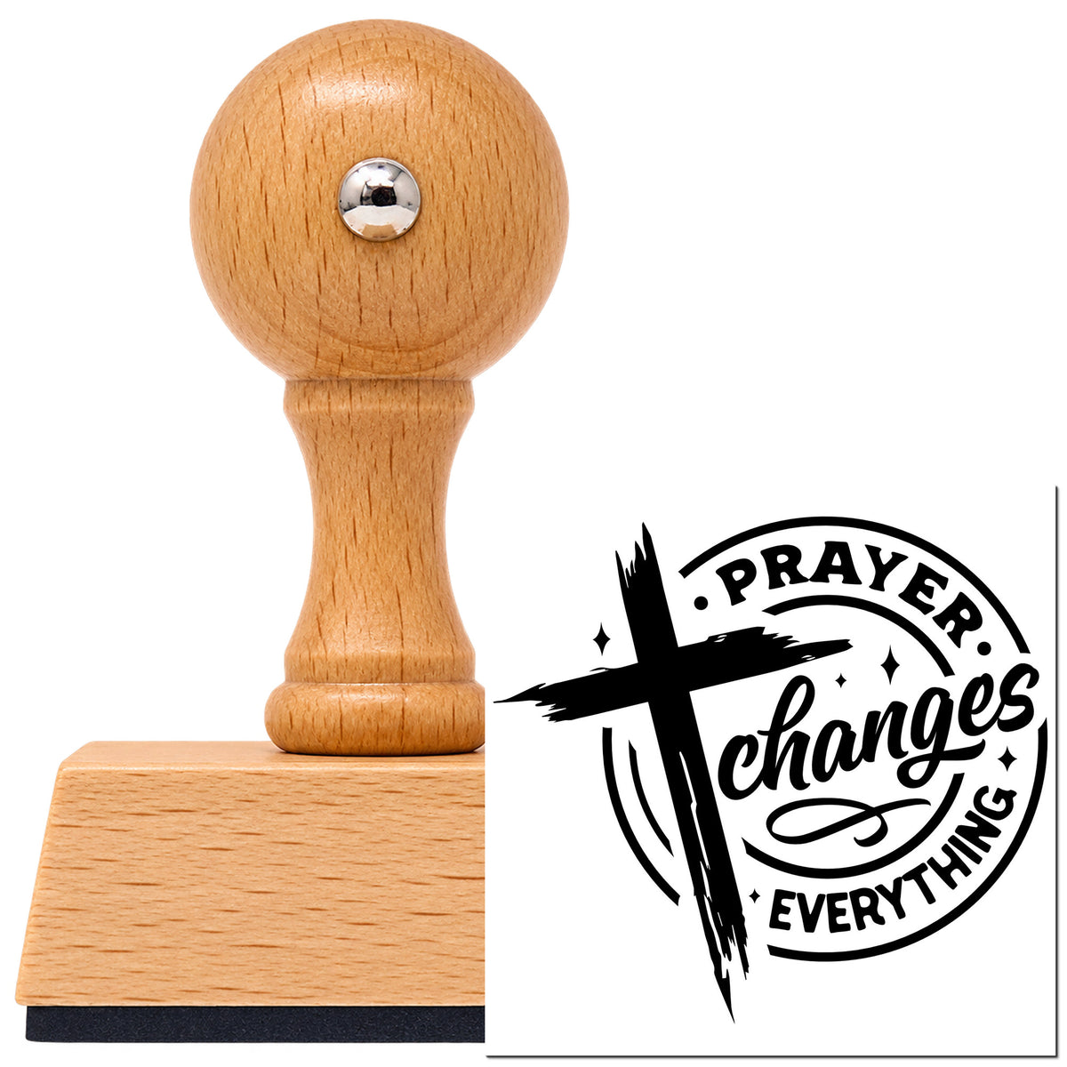 Vintage Pro beech wood stamp with a round knob handle, shown with its black Prayer Changes Everything Badge imprint on white.