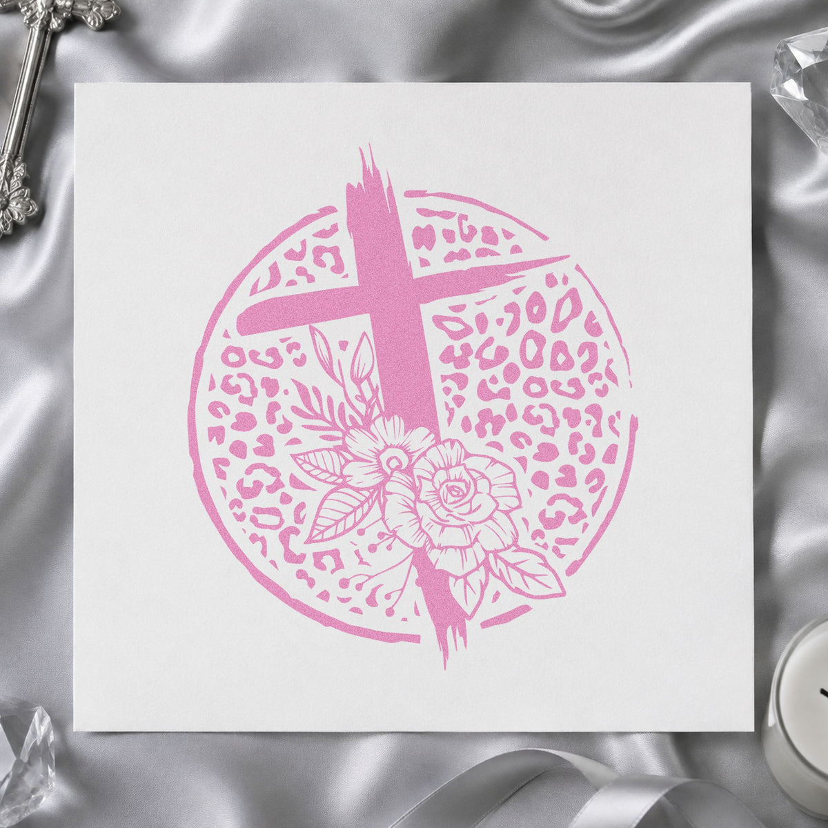 Leopard Floral Cross craft stamp in purple ink on cardstock, an easy option for blank note tags.