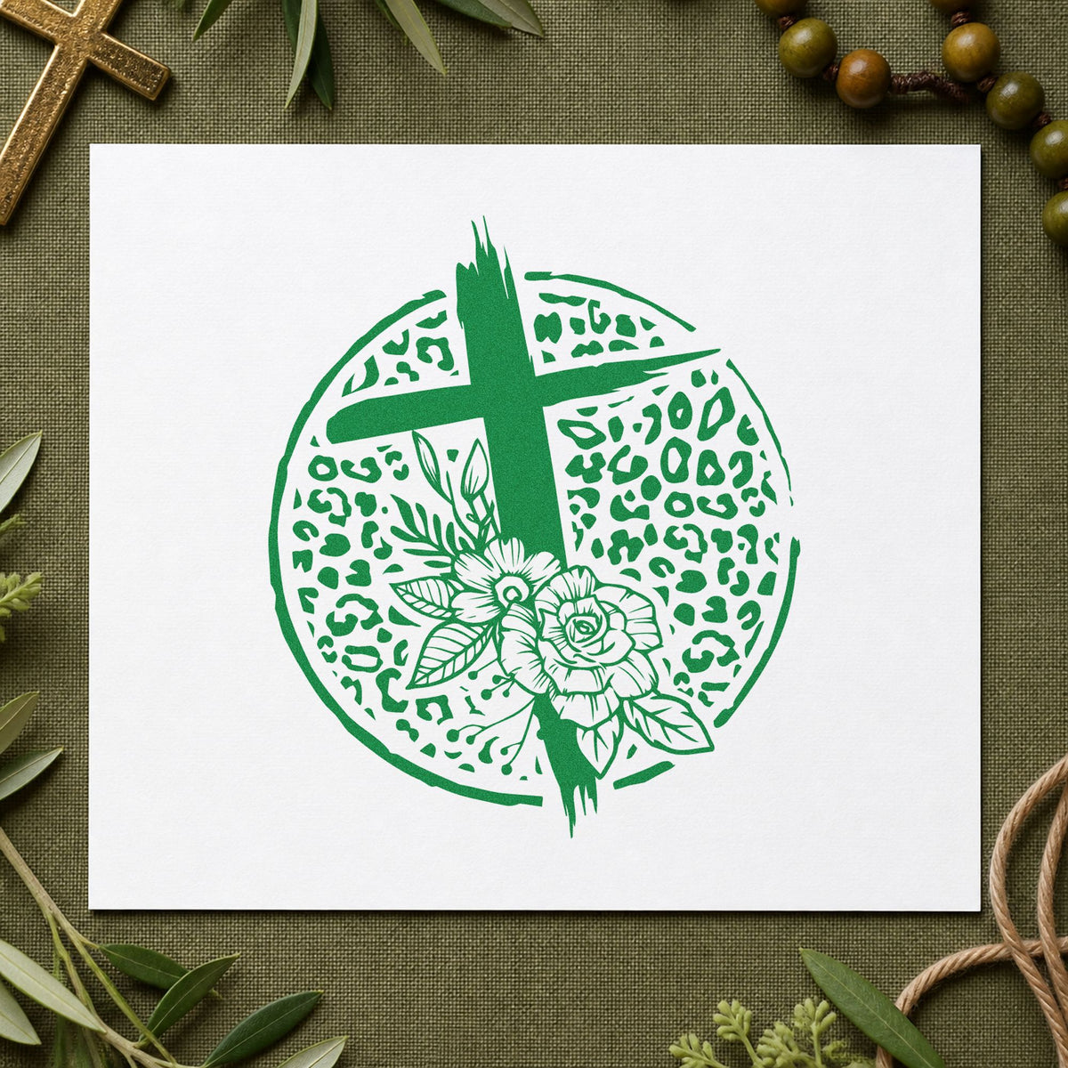 Leopard Floral Cross craft stamp imprint in green ink on a handmade project, one idea being wrapping paper runs.