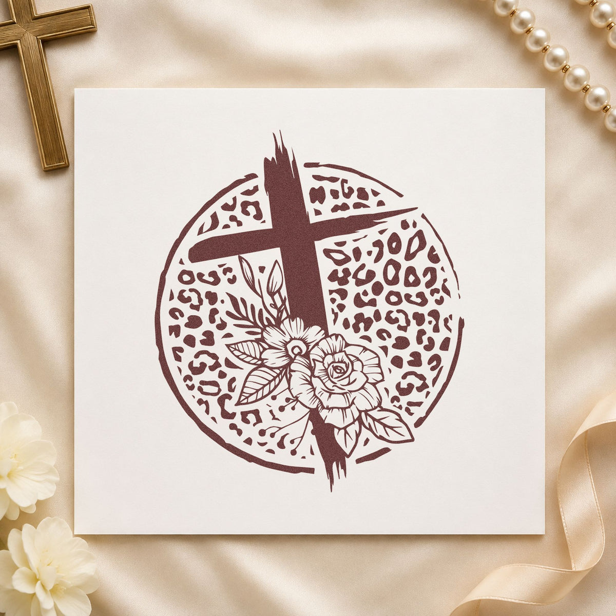 Leopard Floral Cross rubber stamp printed in brown ink, ready for scrapbook corner pages and similar paper crafts.