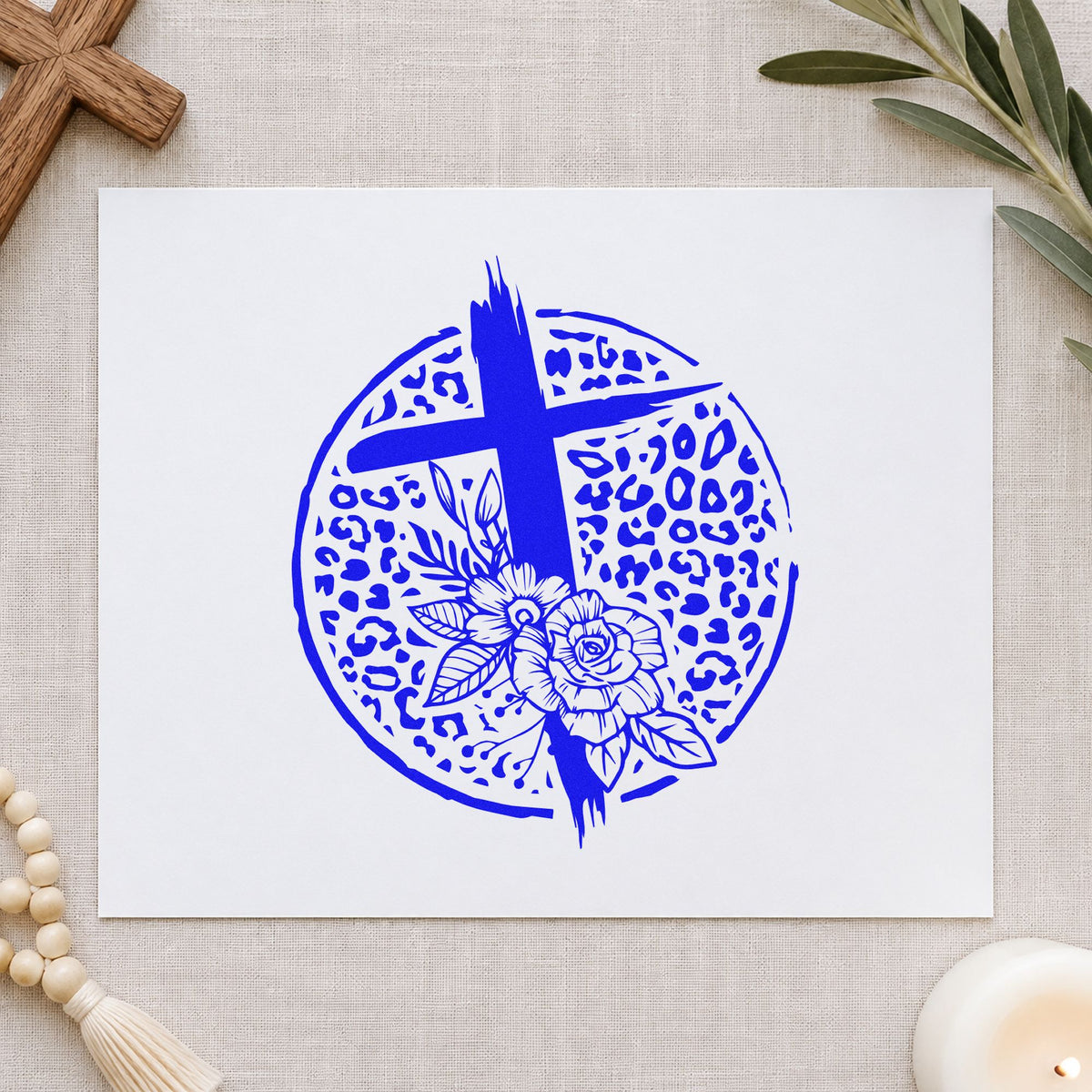 Leopard Floral Cross craft stamp in blue ink on cardstock, an easy option for throw pillow panels.