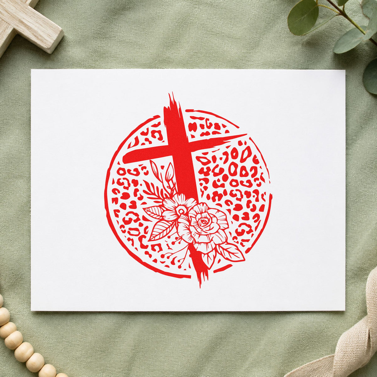 Leopard Floral Cross rubber stamp shown in red ink, stamped for projects such as gallery sticker sheets.