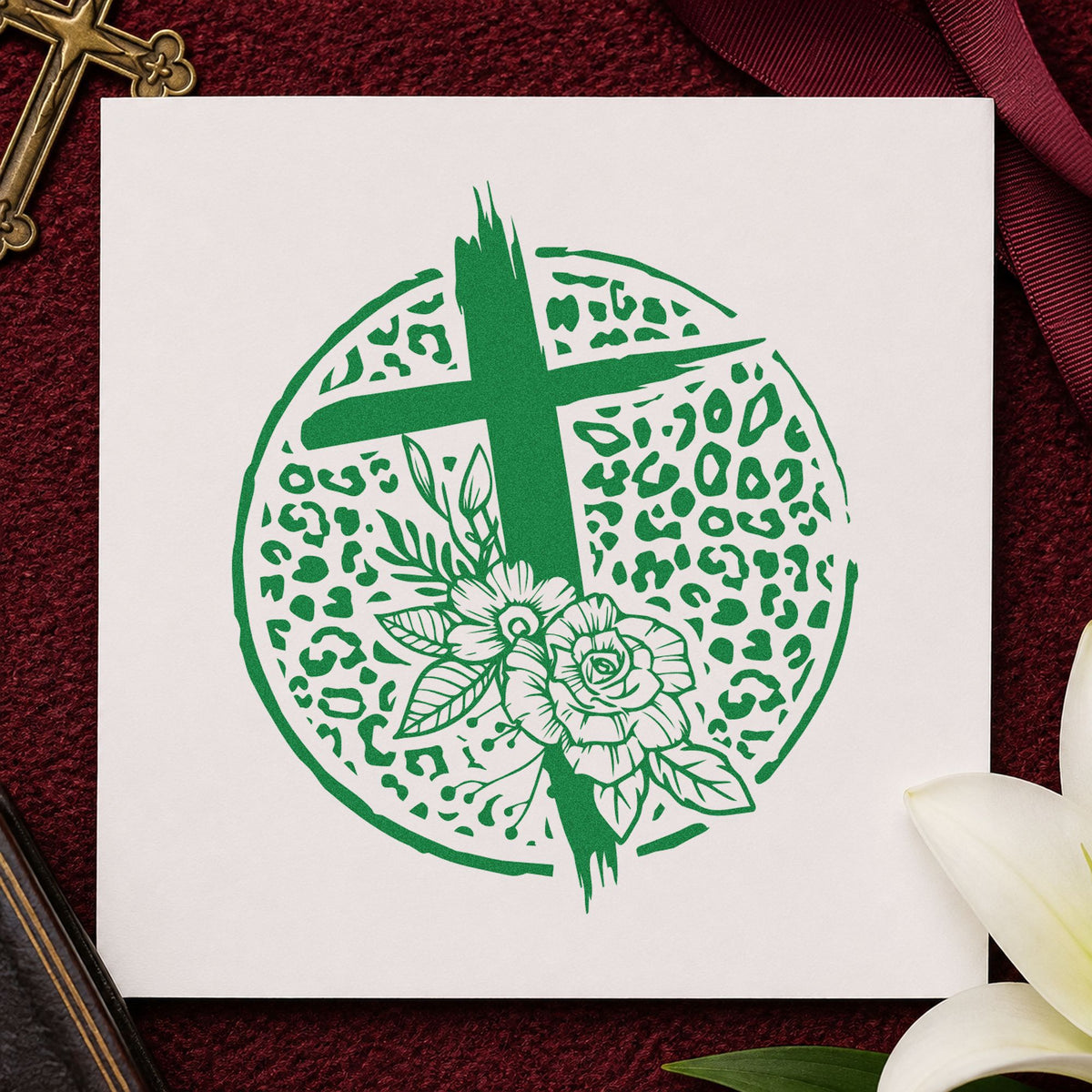 Leopard Floral Cross craft stamp imprint in green ink on a handmade project, one idea being framed trio art.