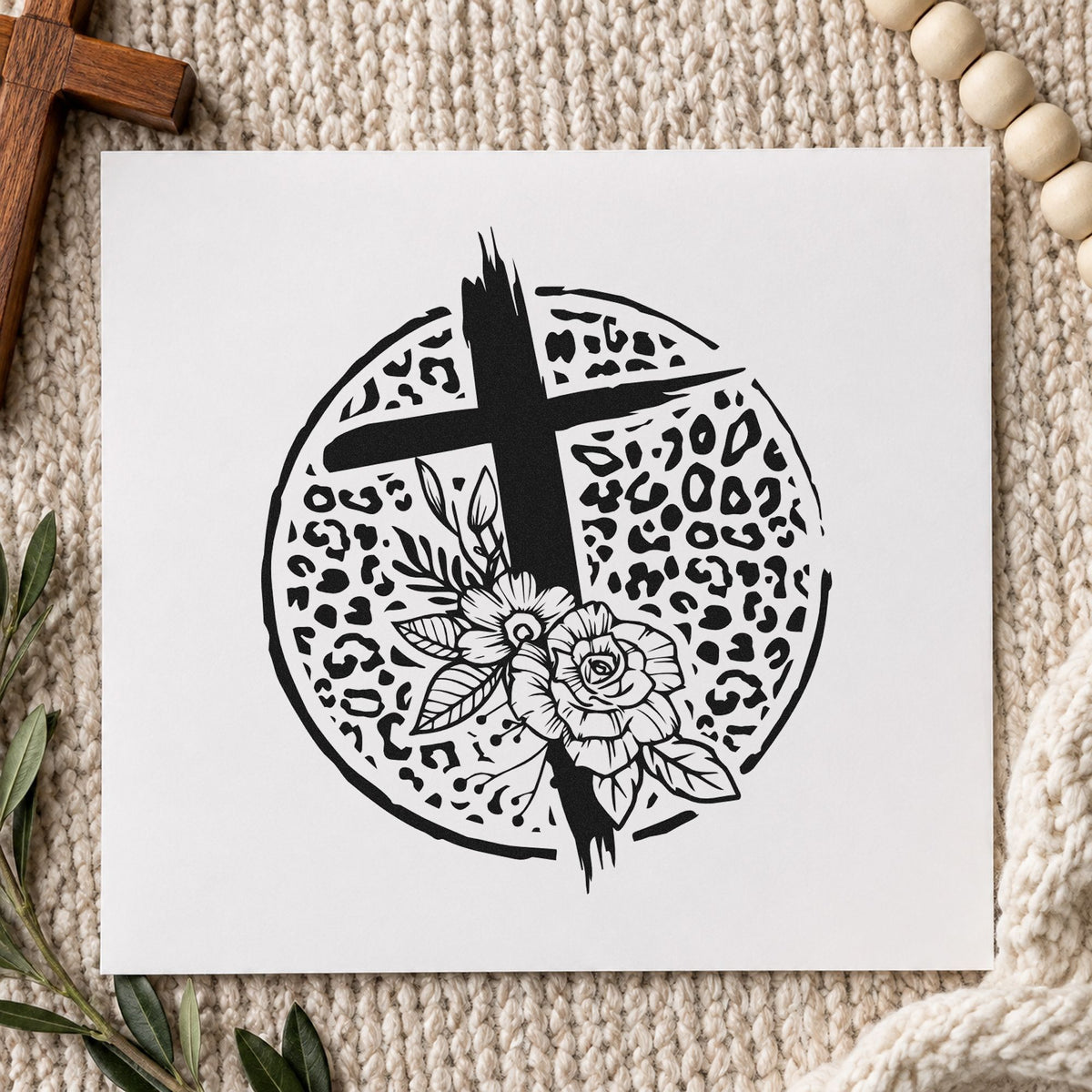 Leopard Floral Cross rubber stamp printed in black ink, ready for spotted circle cards and similar paper crafts.