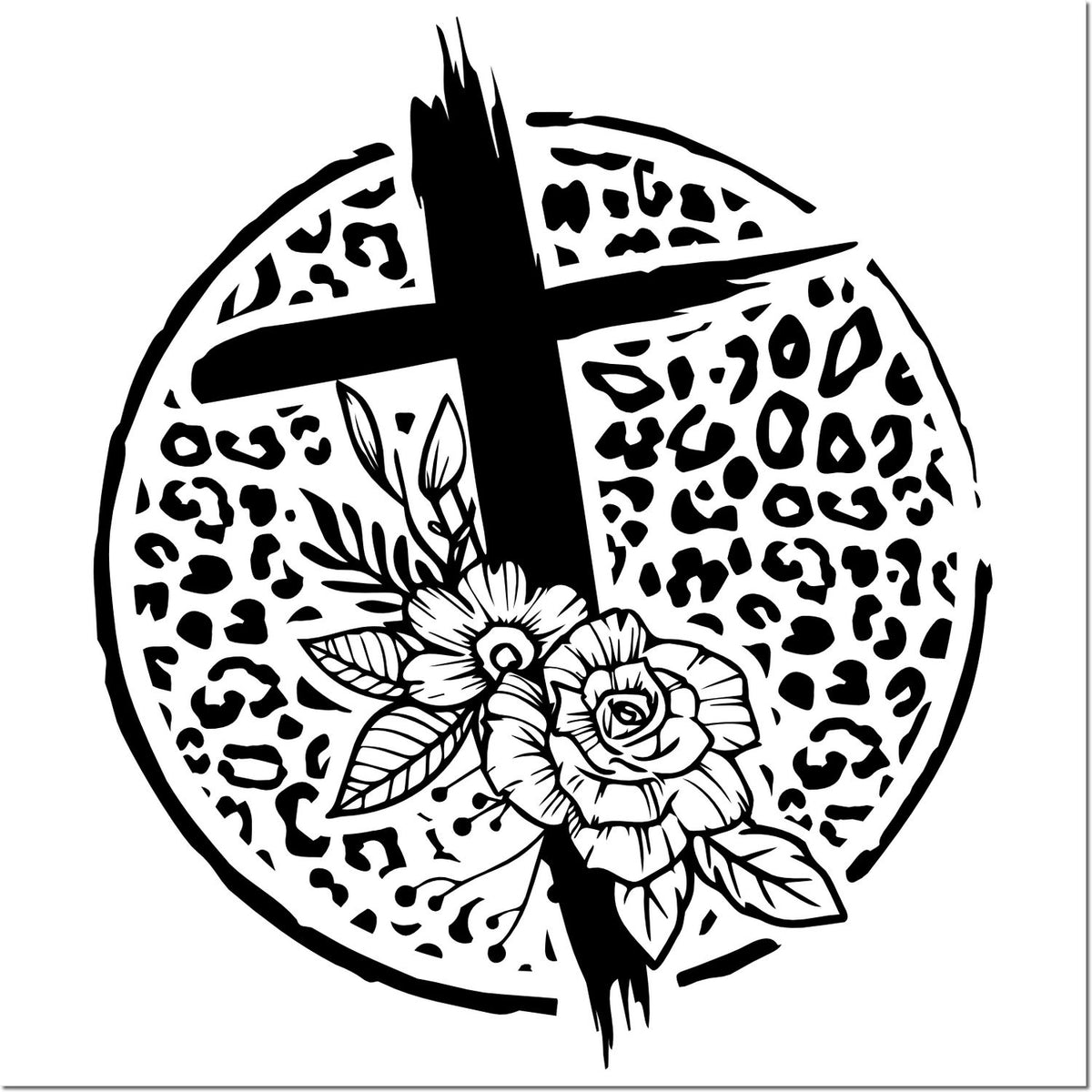 Black circular stamp seal with leopard-print background, bold cross, and floral rose on white.