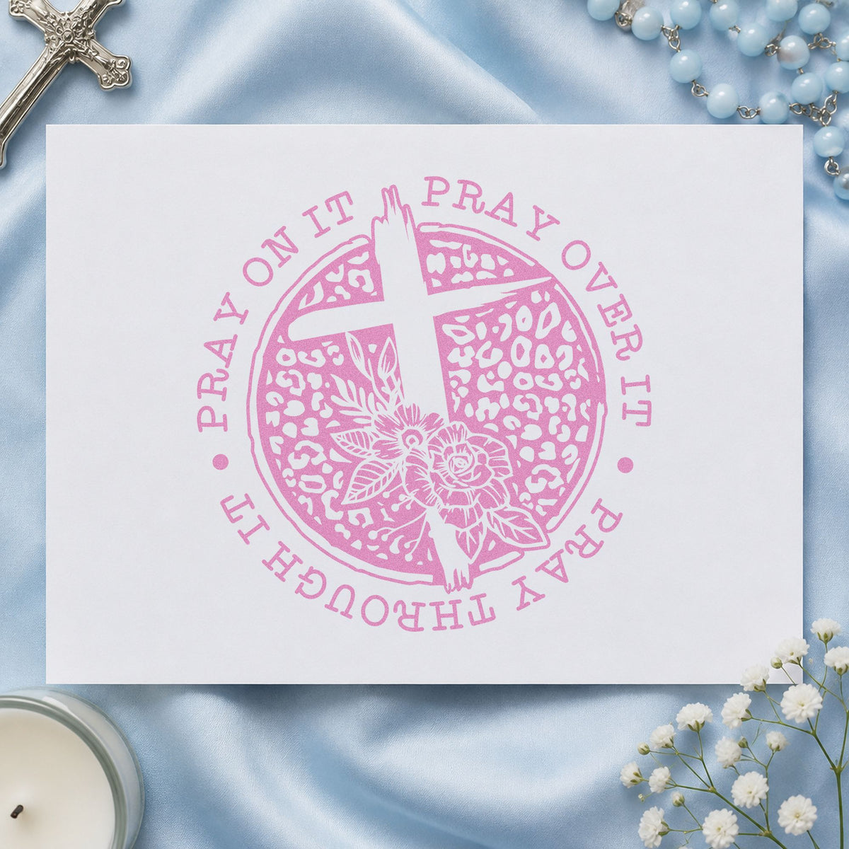 Pray Dark Floral Circle craft stamp in purple ink on cardstock, an easy option for black cardstock tags.