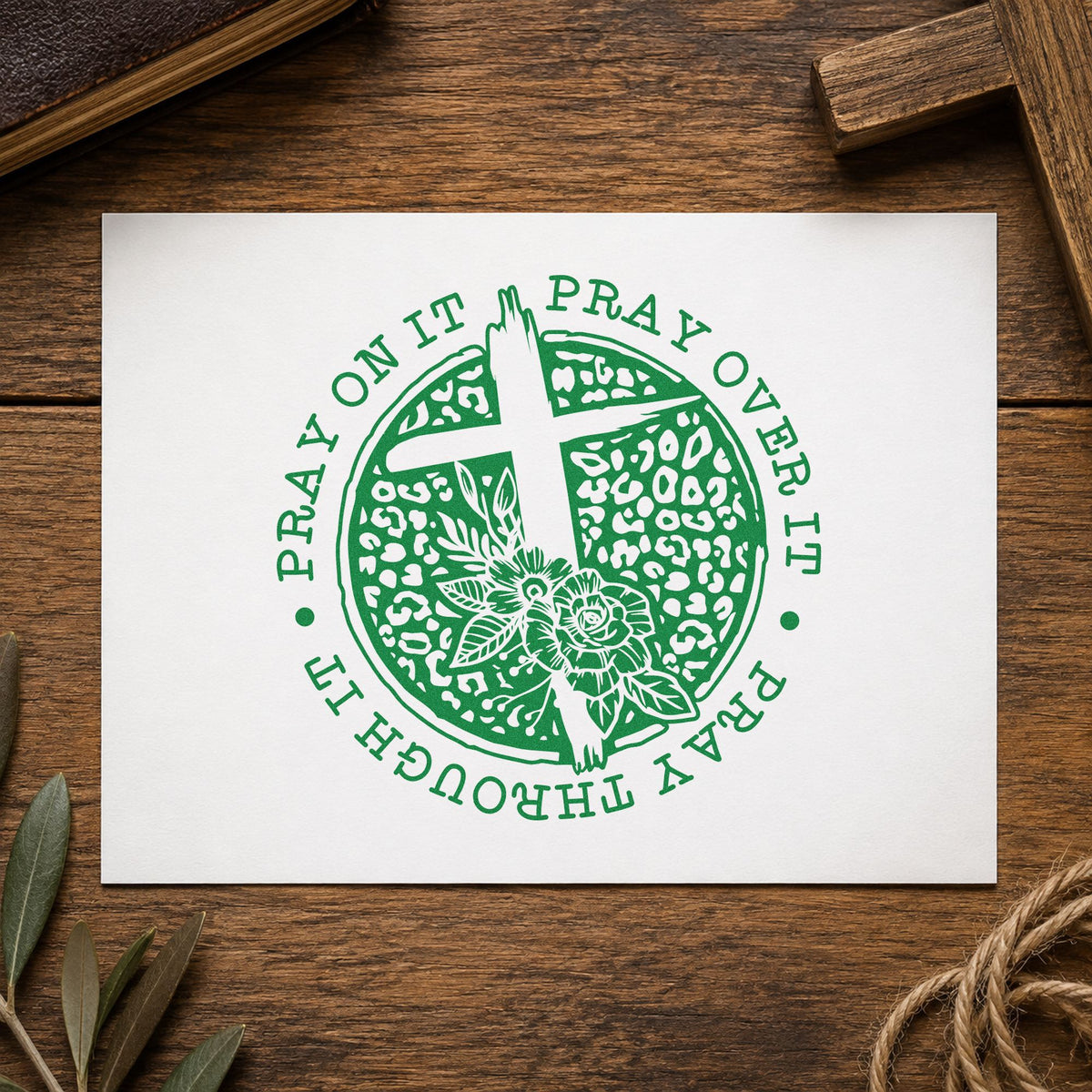 Pray Dark Floral Circle craft stamp imprint in green ink on a handmade project, one idea being evening service pages.