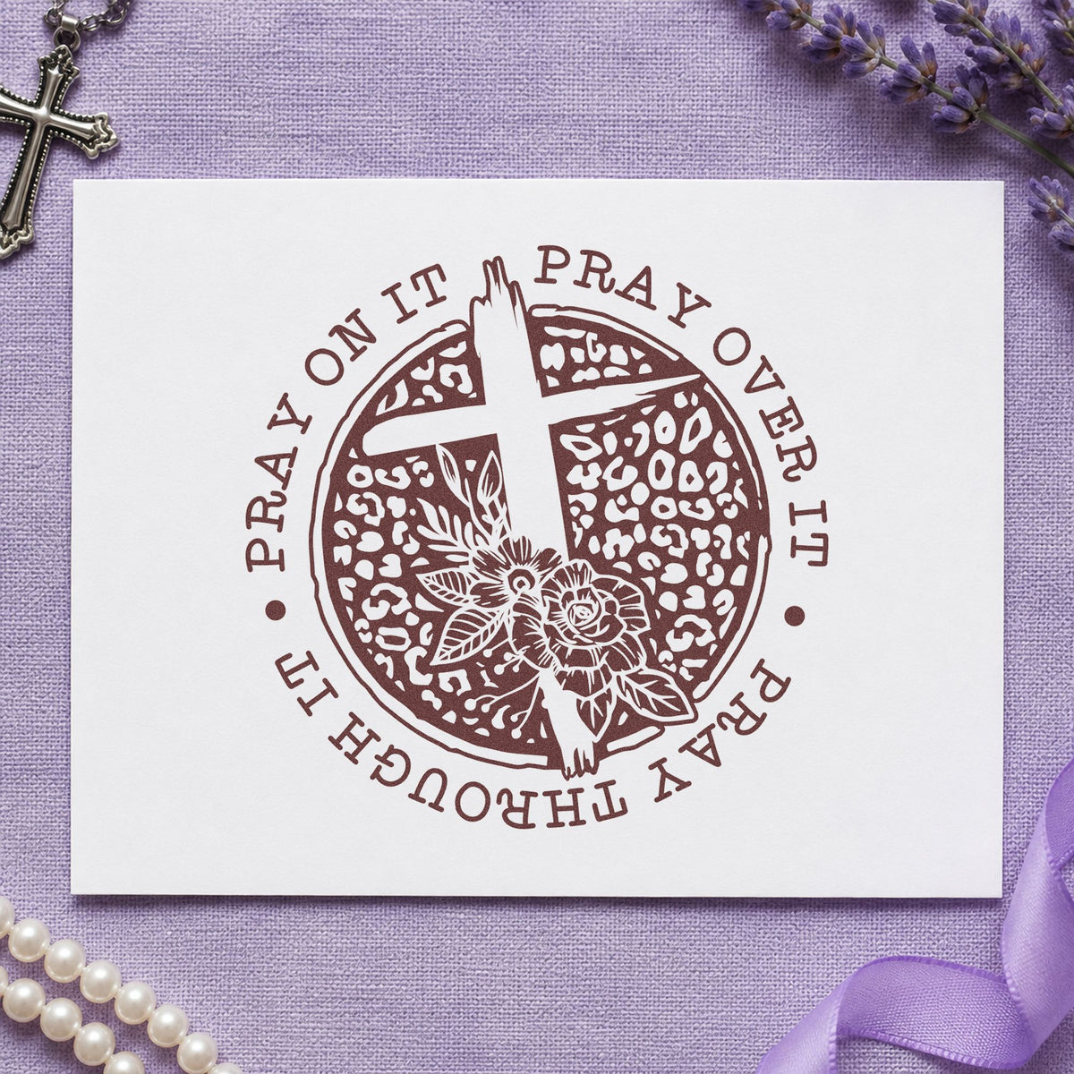 Pray Dark Floral Circle rubber stamp printed in brown ink, ready for vinyl record sleeves and similar paper crafts.