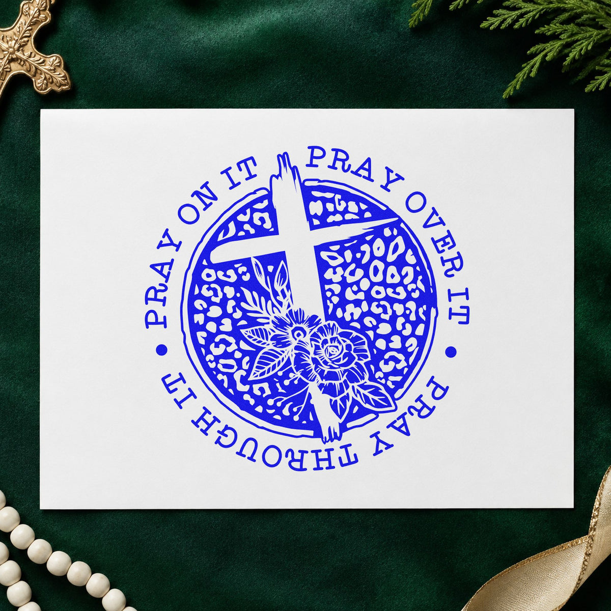 Pray Dark Floral Circle craft stamp in blue ink on cardstock, an easy option for dark denim totes.