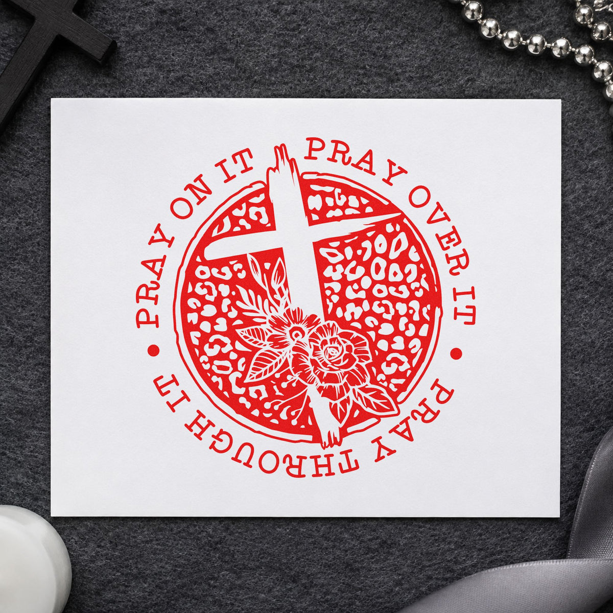 Pray Dark Floral Circle rubber stamp shown in red ink, stamped for projects such as late night notes.