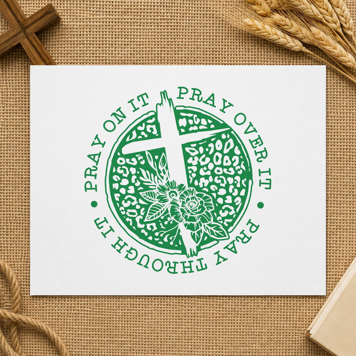 Pray Dark Floral Circle craft stamp imprint in green ink on a handmade project, one idea being framed gallery wall.