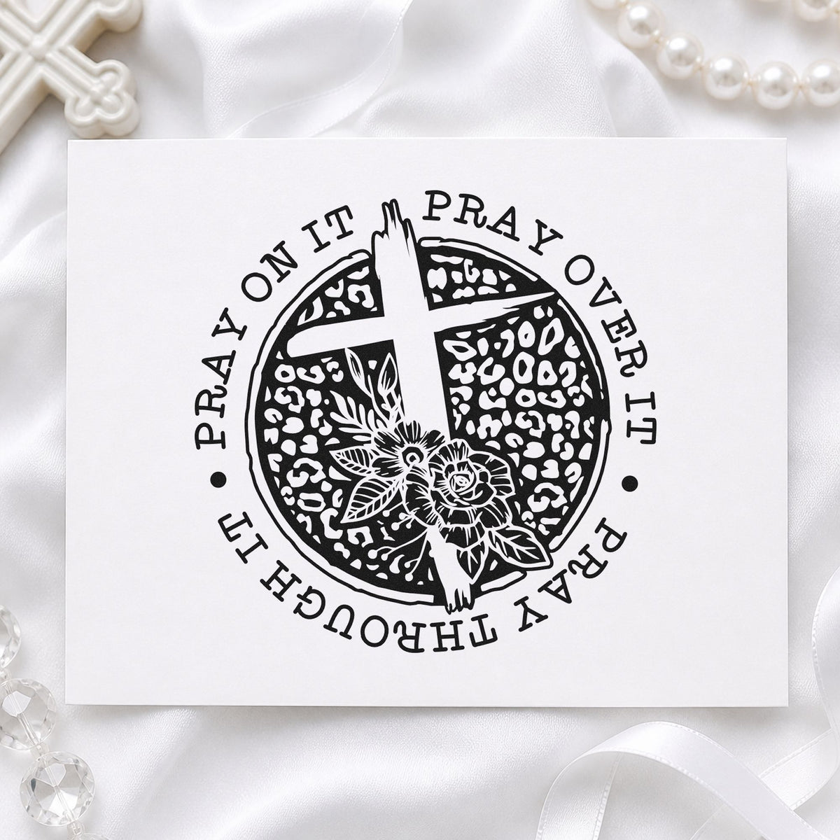 Pray Dark Floral Circle rubber stamp printed in black ink, ready for reverse circle cards and similar paper crafts.