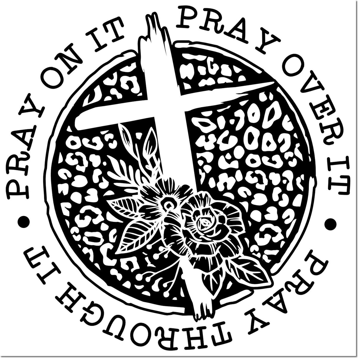 Black-and-white circular prayer stamp seal with cross, floral design, and PRAY IT THROUGH text.