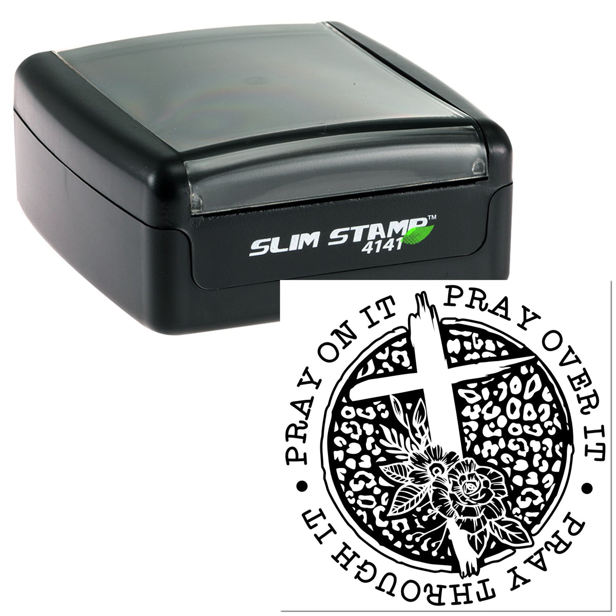 Black slim self-inking stamp with green label beside a black-and-white Christian seal design.