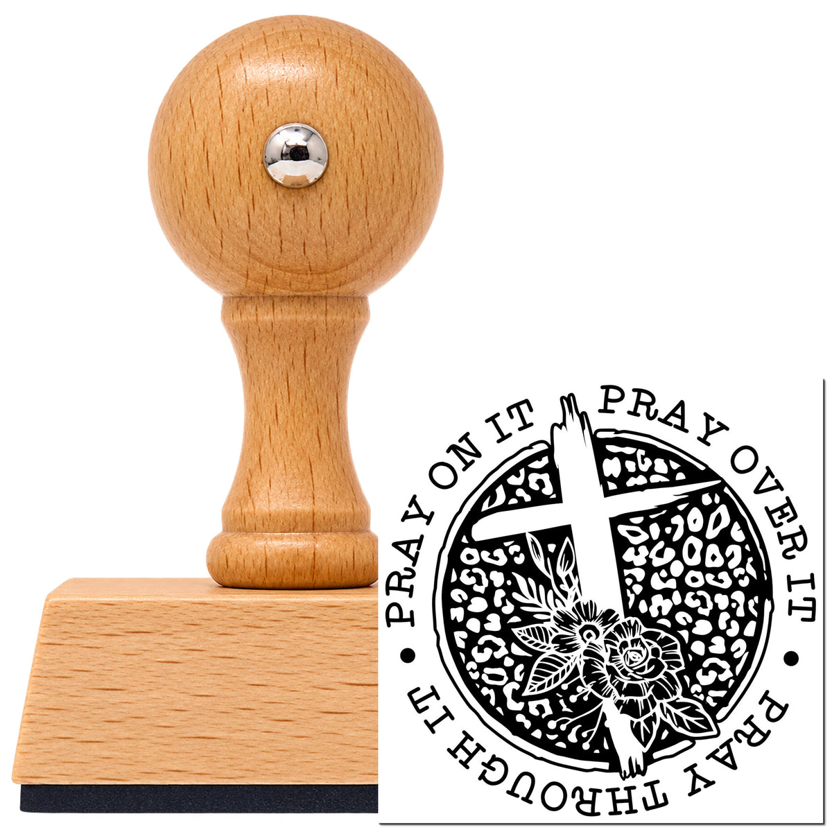 Vintage Pro beech wood stamp with a round knob handle, shown with its black Pray Solid Floral Circle imprint on white.