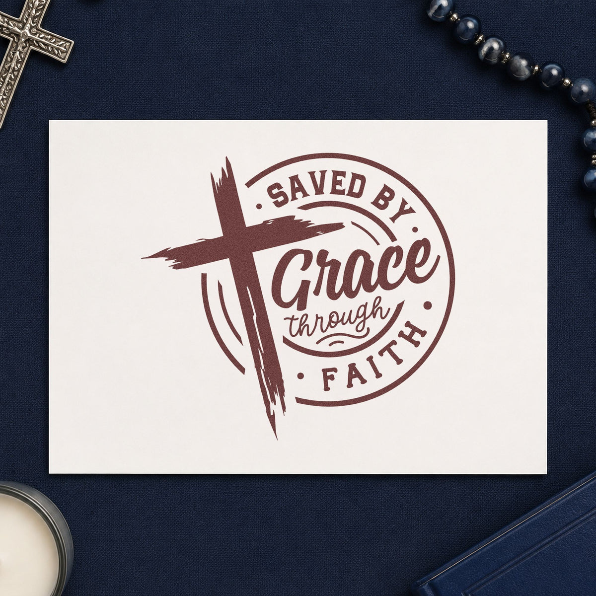 Saved by Grace Through Faith rubber stamp printed in brown ink, ready for testimony bookmarks and similar paper crafts.