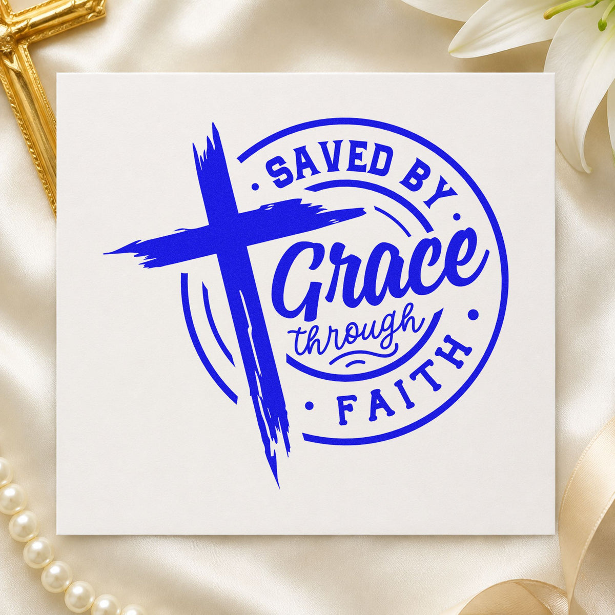 Saved by Grace Through Faith craft stamp in blue ink on cardstock, an easy option for choir stole ends.