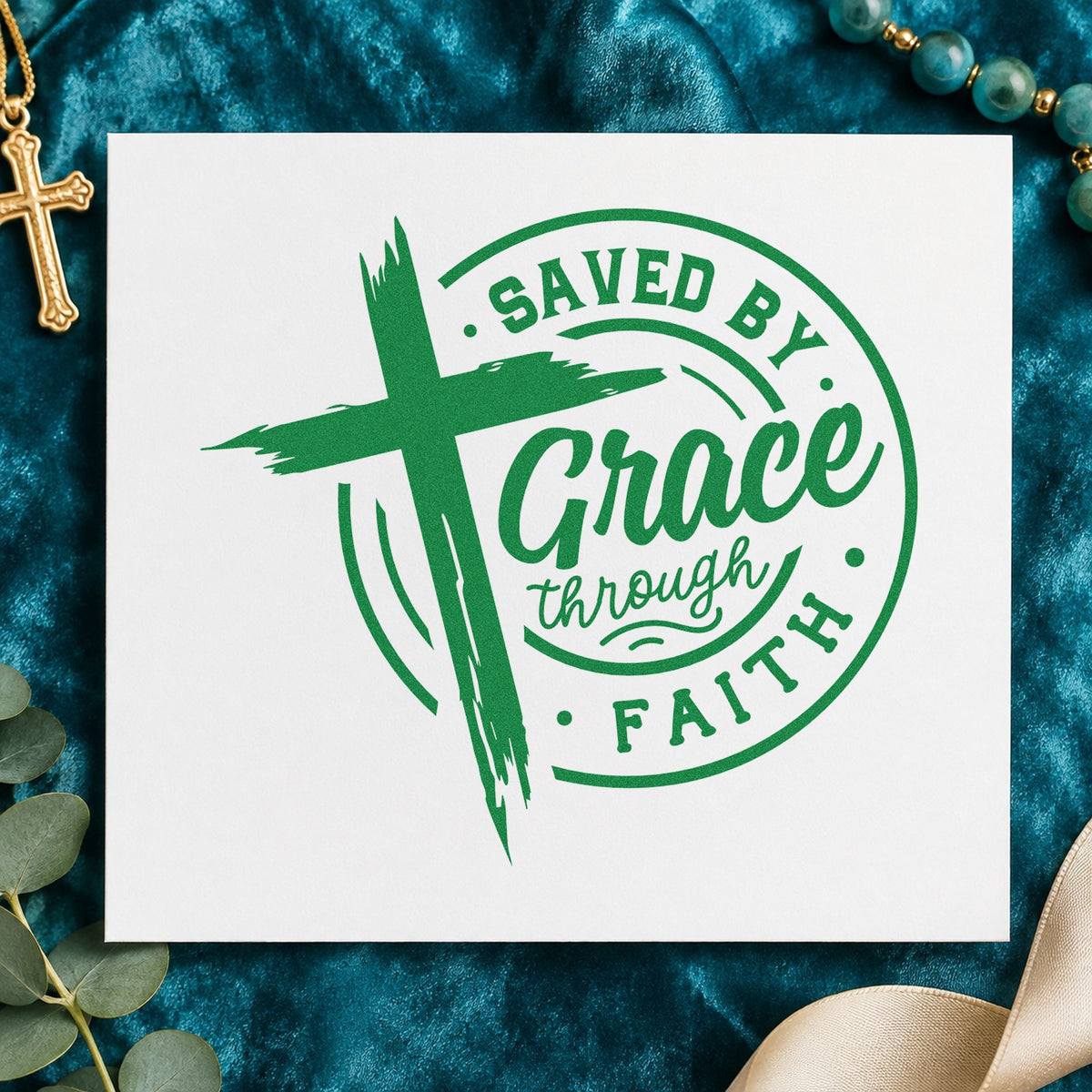 Saved by Grace Through Faith craft stamp imprint in green ink on a handmade project, one idea being framed narthex art.