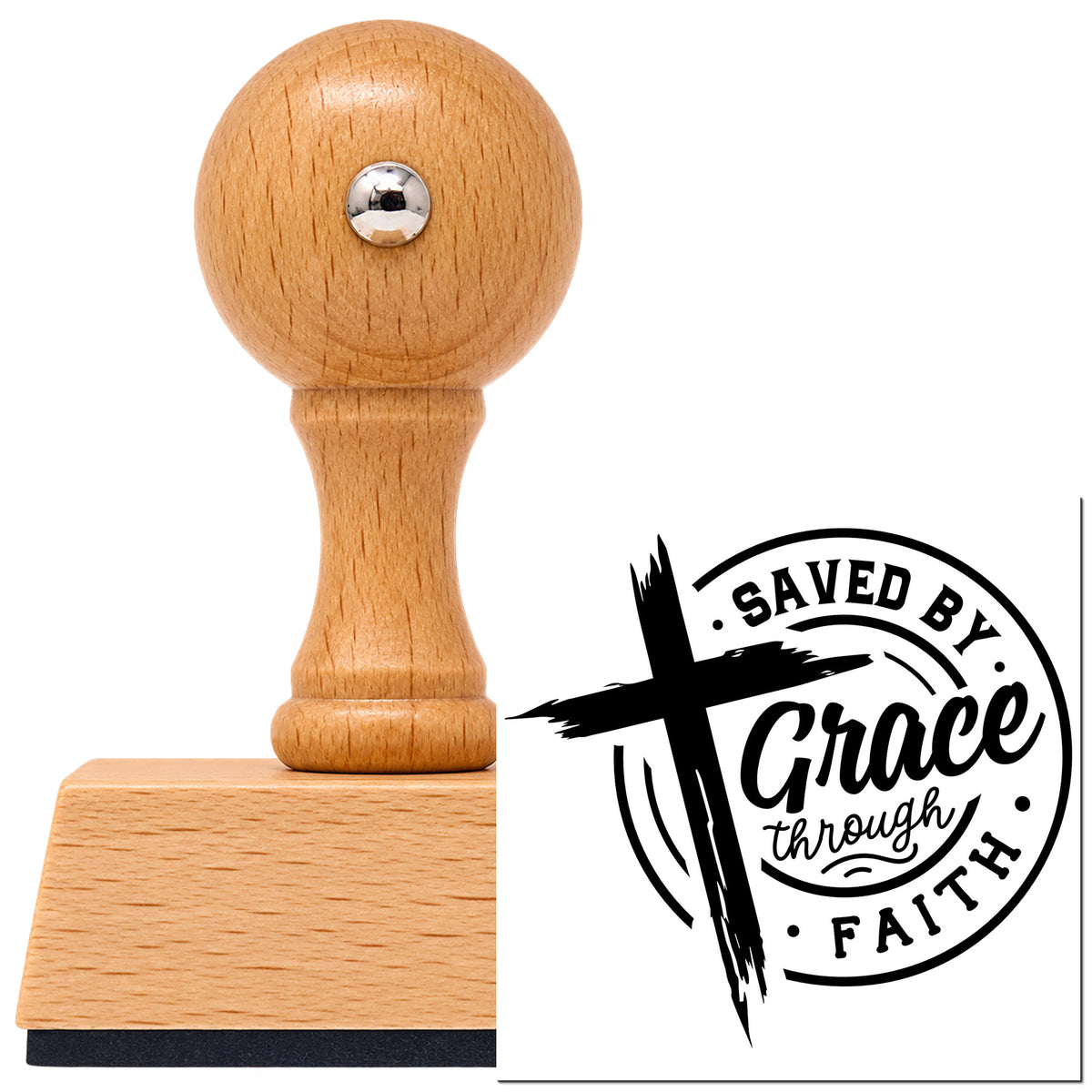 Vintage Pro beech wood stamp with a round knob handle, shown with its black Saved By Grace Through Faith Brushstroke Cross imprint on white.
