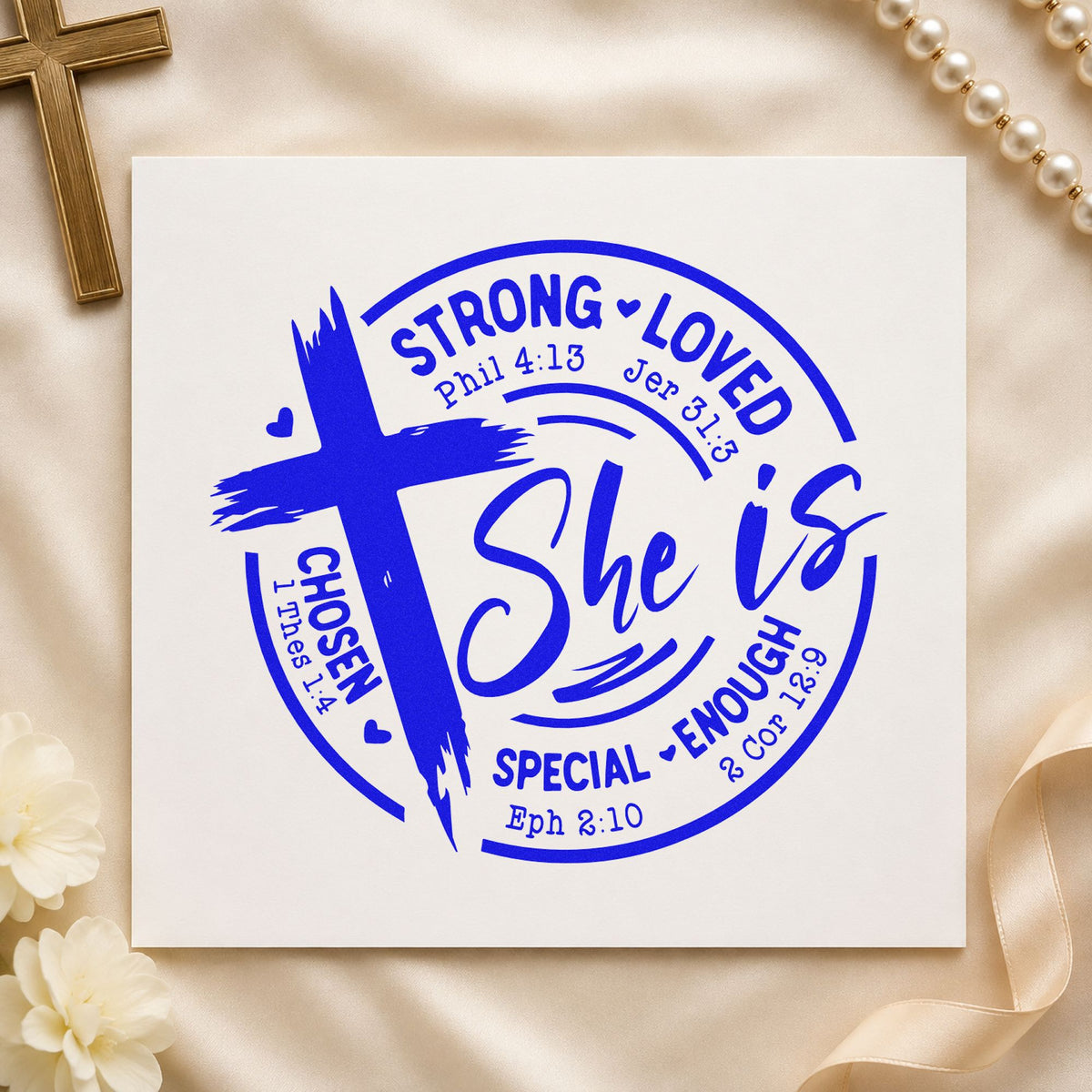 She Is Strong Loved Chosen craft stamp in blue ink on cardstock, an easy option for shelter welcome totes.