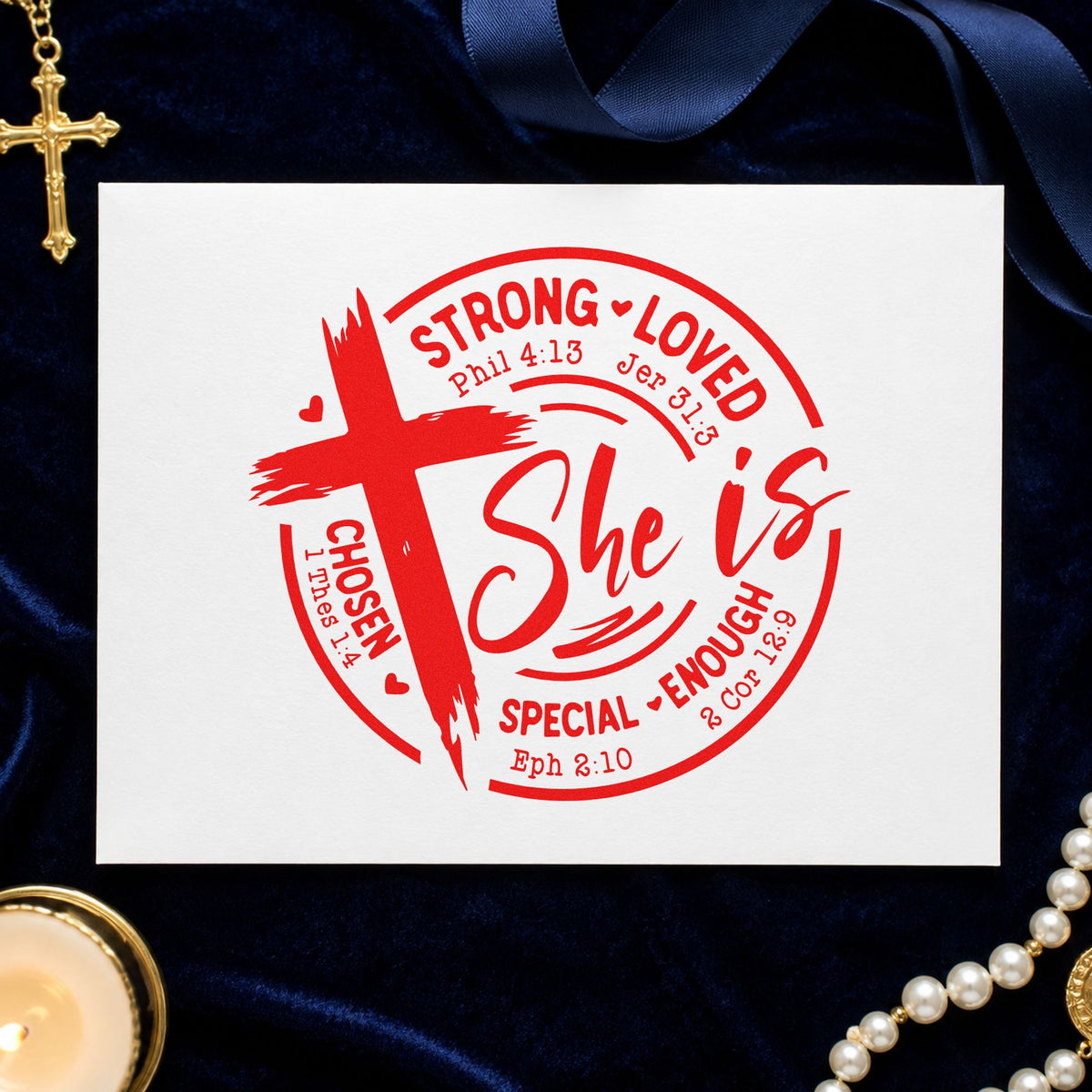 She Is Strong Loved Chosen rubber stamp shown in red ink, stamped for projects such as postpartum care notes.