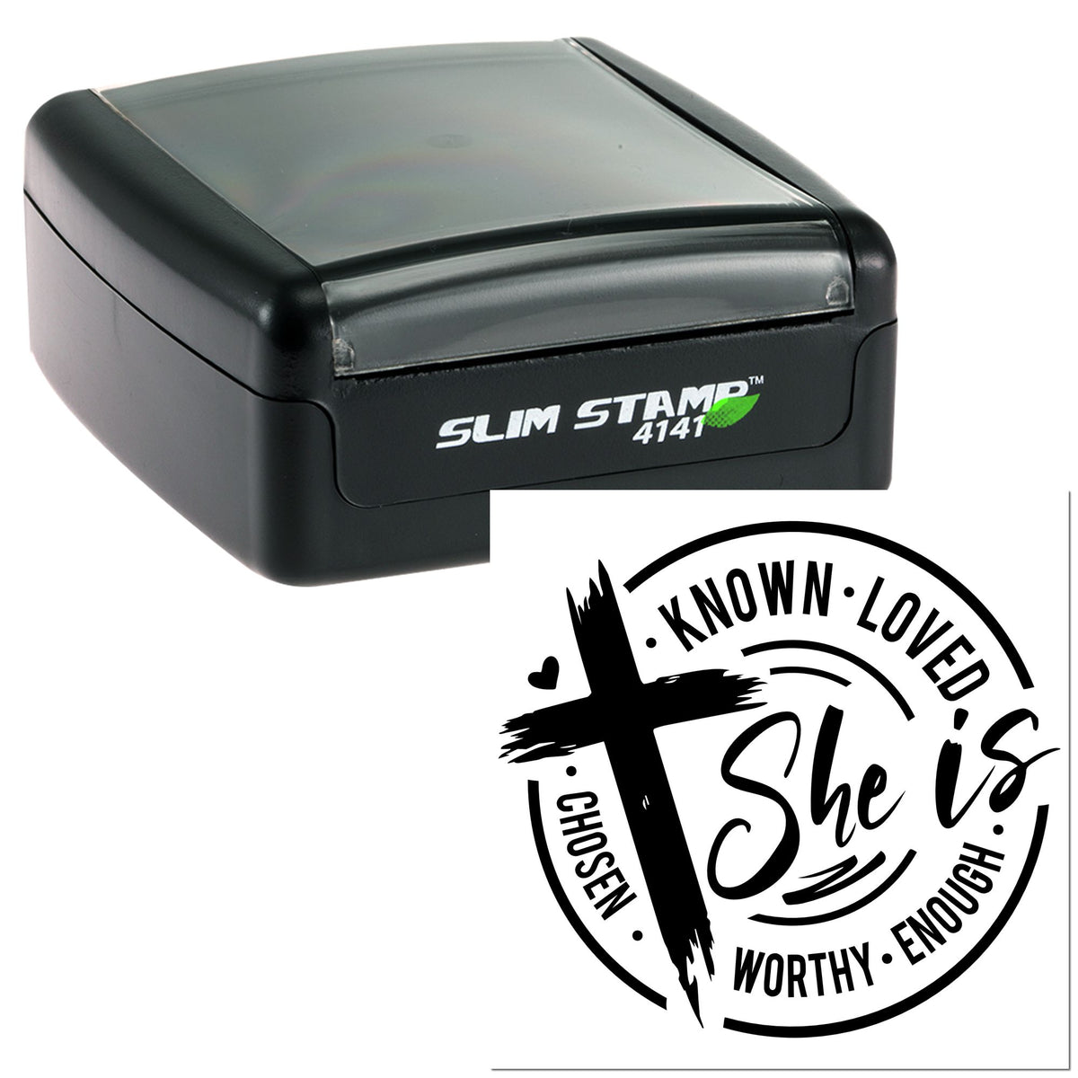 Black Slim Stamp 4141 and circular custom seal with She is text, bold black lettering on white.