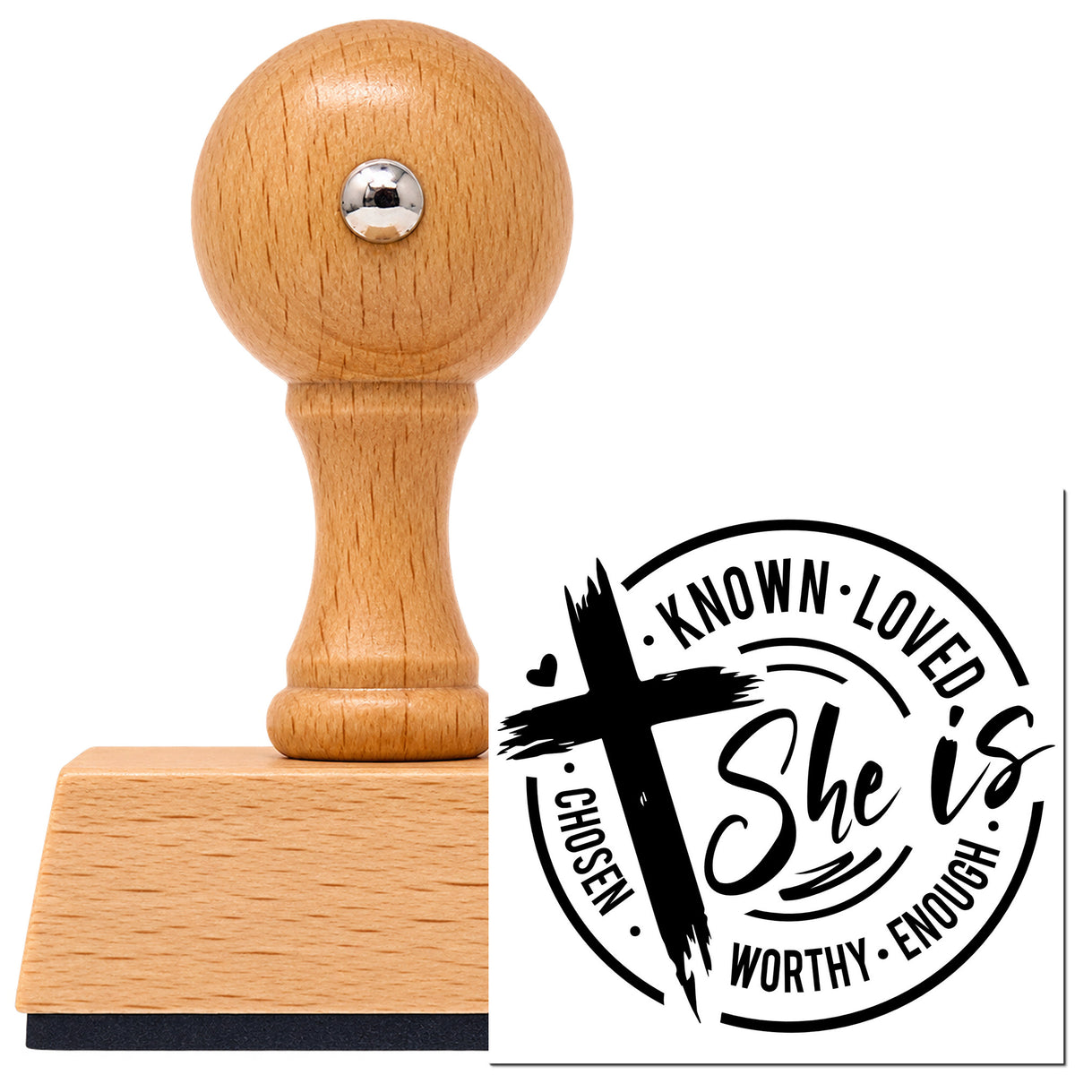 Vintage Pro beech wood stamp with a round knob handle, shown with its black She Is Known Loved Worthy Brushstroke Cross imprint on white.