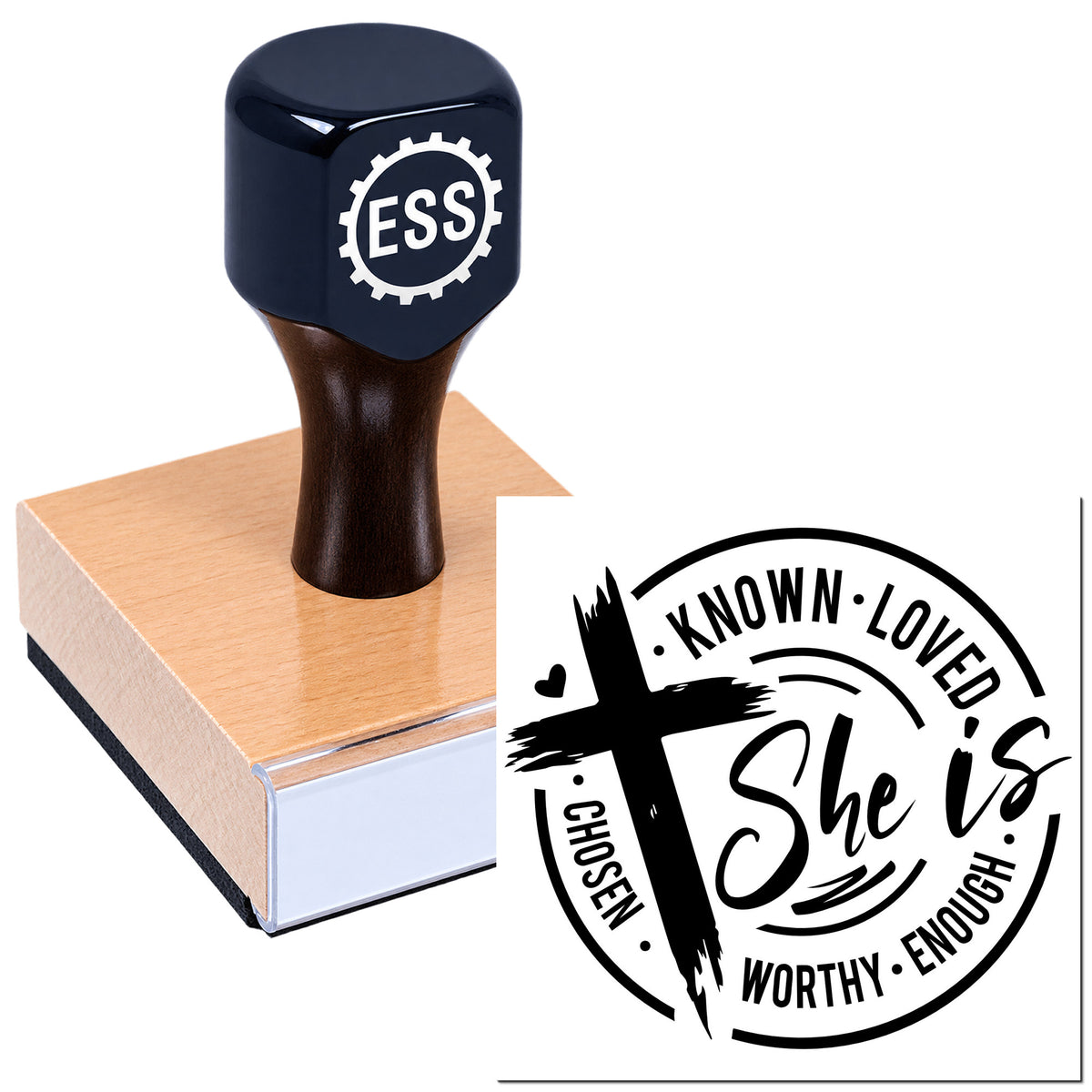 Dark navy ESS self-inking stamp on a wooden block with a black circular seal design reading "Known Loved" on white.