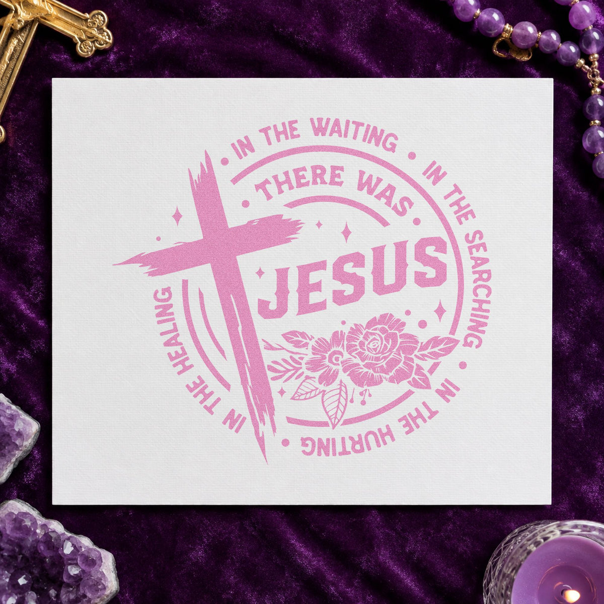 There Was Jesus craft stamp in purple ink on cardstock, an easy option for testimony night tags.