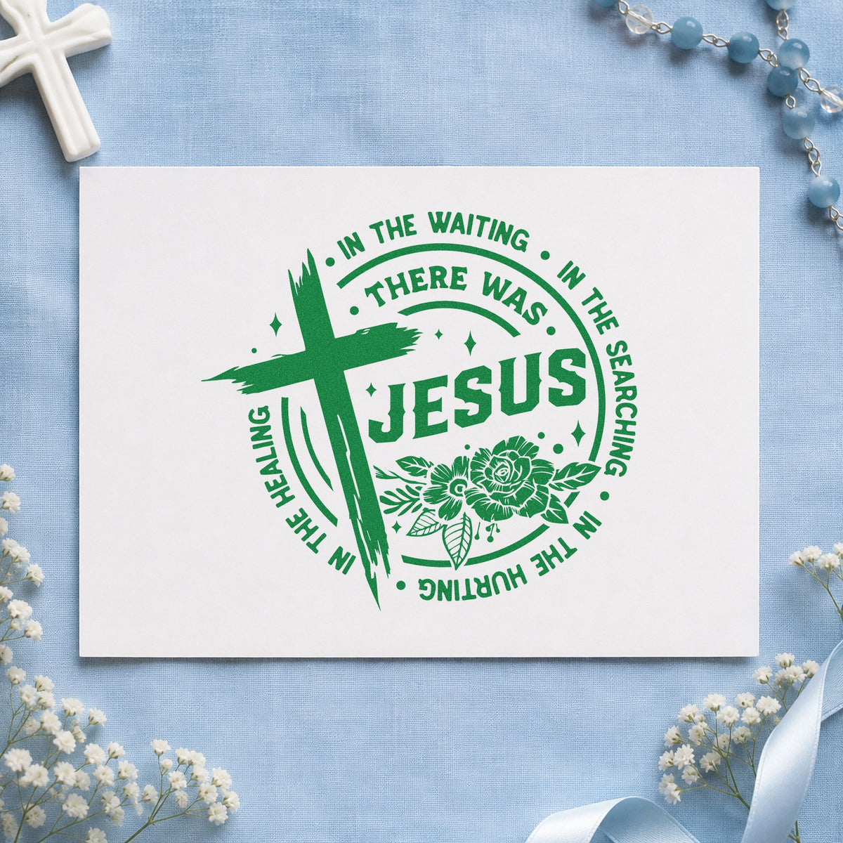 There Was Jesus craft stamp imprint in green ink on a handmade project, one idea being timeline scrapbook pages.