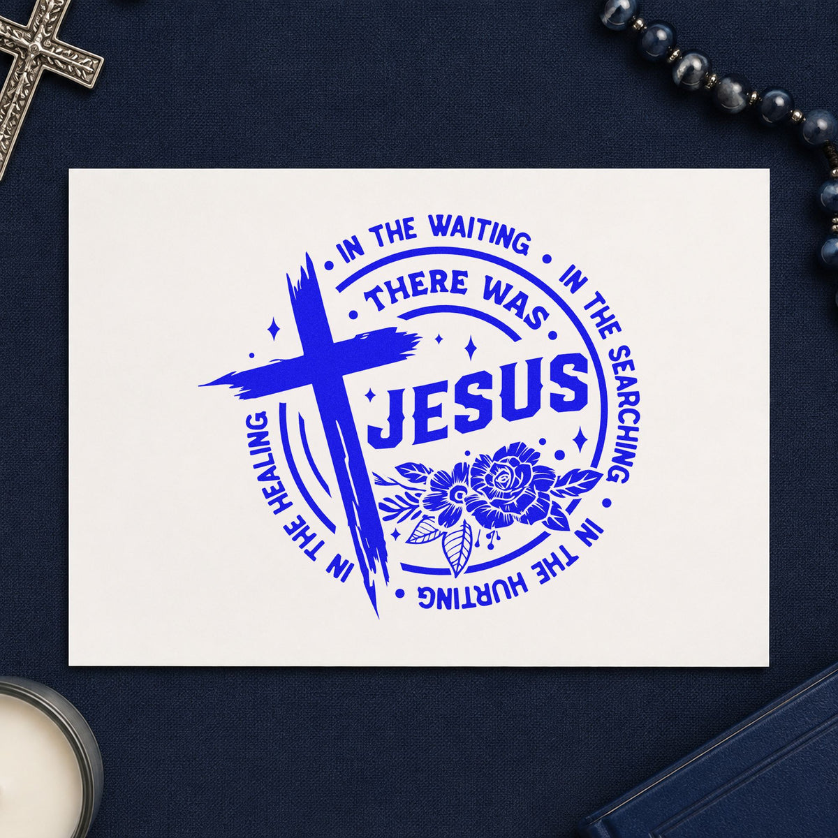 There Was Jesus craft stamp in blue ink on cardstock, an easy option for hospice volunteer totes.