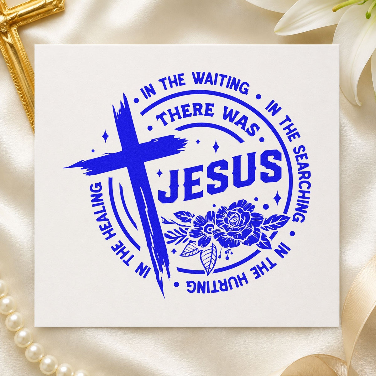 There Was Jesus craft stamp imprinted in blue ink on paper, a design suited to memory jar labels.