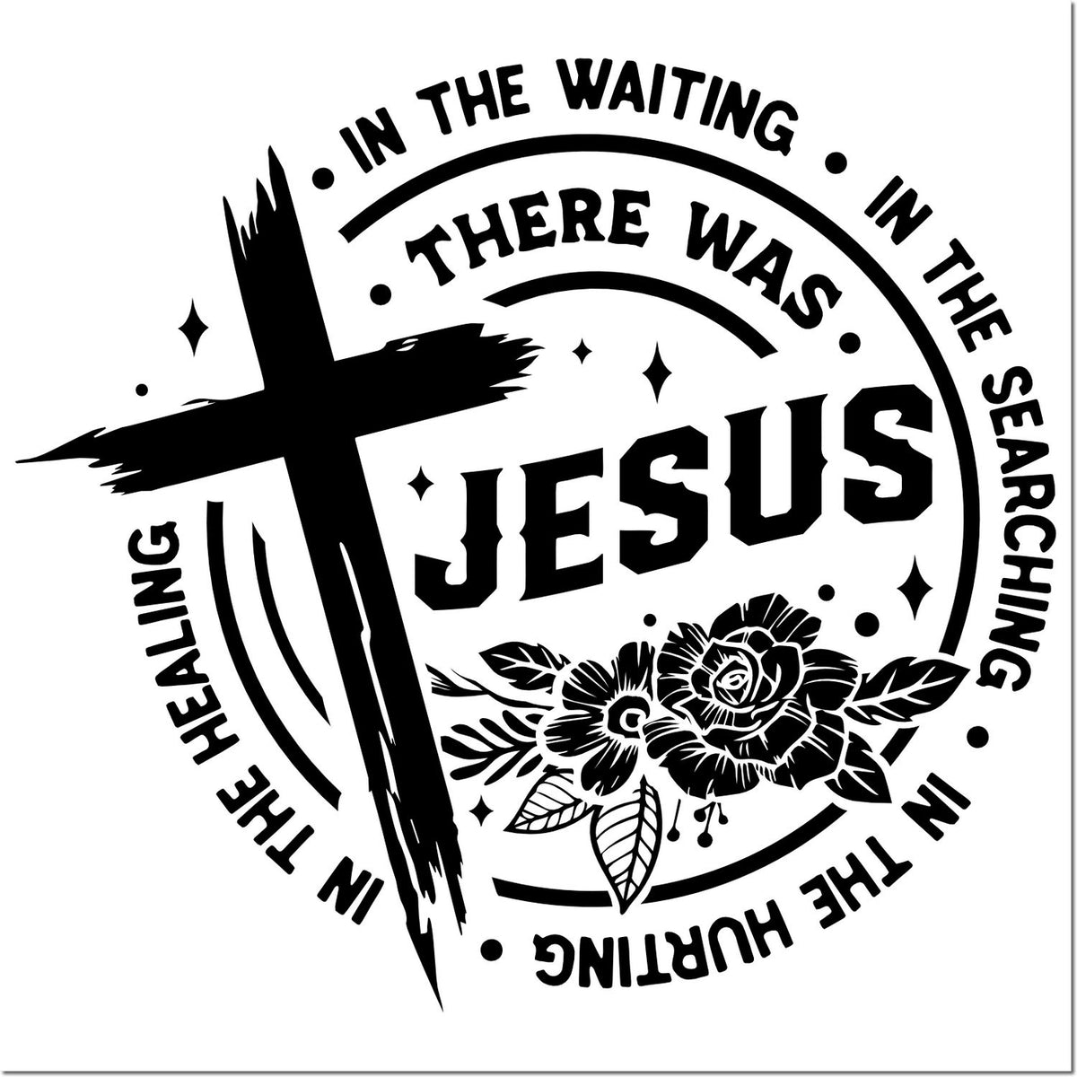 Black Christian stamp seal with cross, JESUS text, floral accents, and circular healing message.
