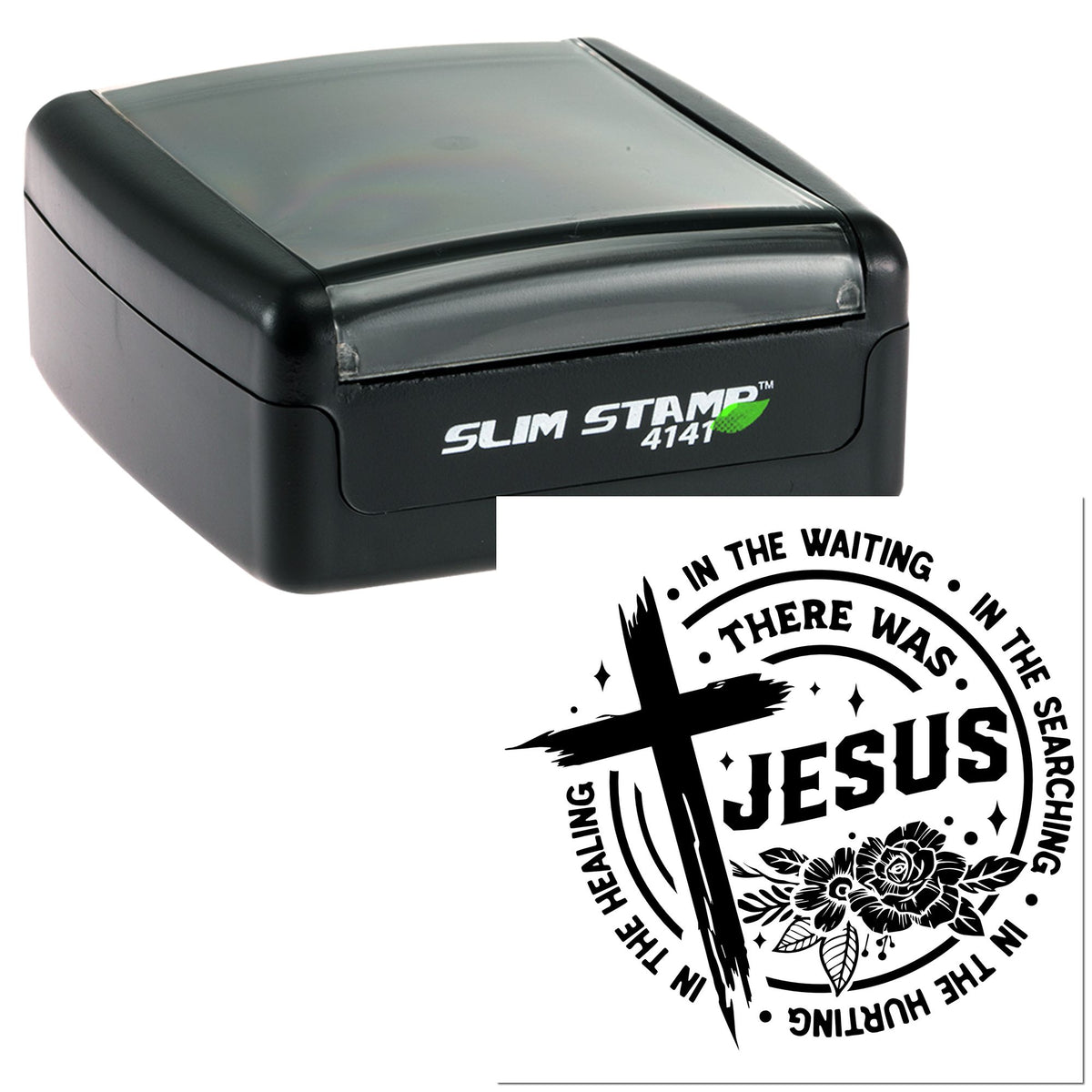 Black and gray slim self-inking stamp with custom circular seal featuring Jesus cross, floral design, and bold text.